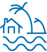 A simple blue outline of a house with a chimney, surrounded by curved lines representing trees and grass.