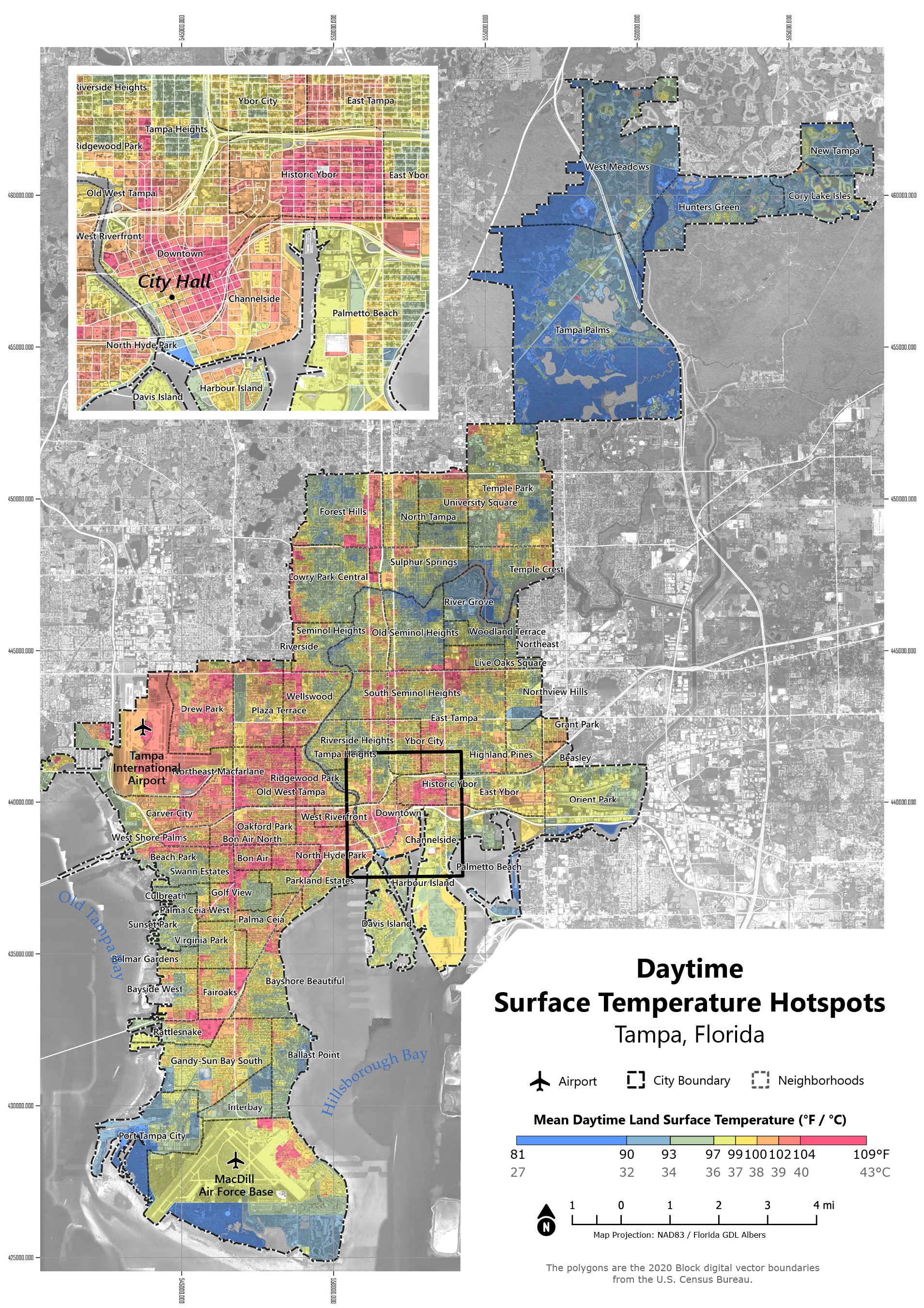 Map of Tampa, Florida, showing daytime surface temperature hotspots with color-coded temperature ranges and city boundaries.