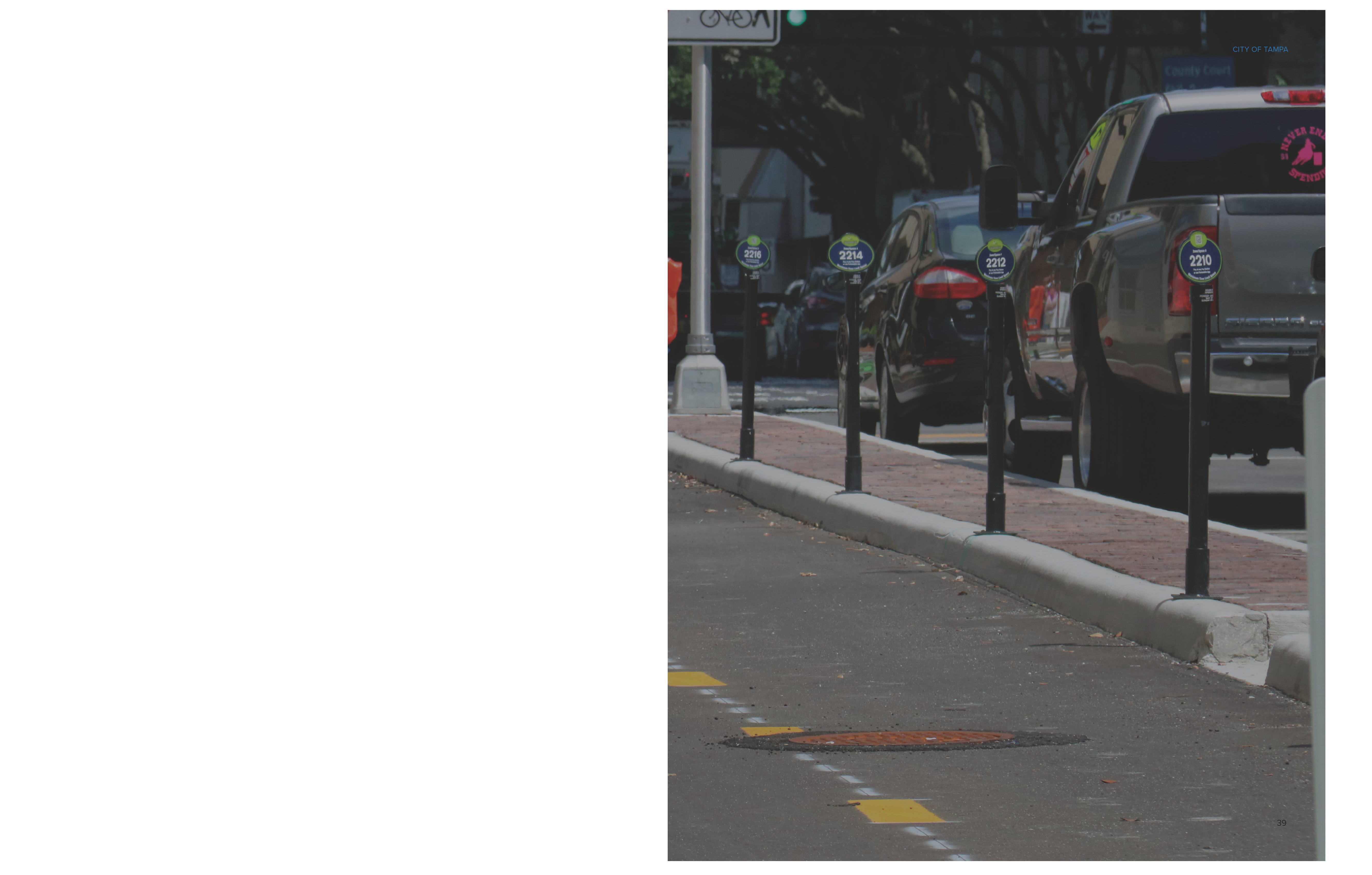 Row of parking meters beside a street with parked cars and a marked bike lane.