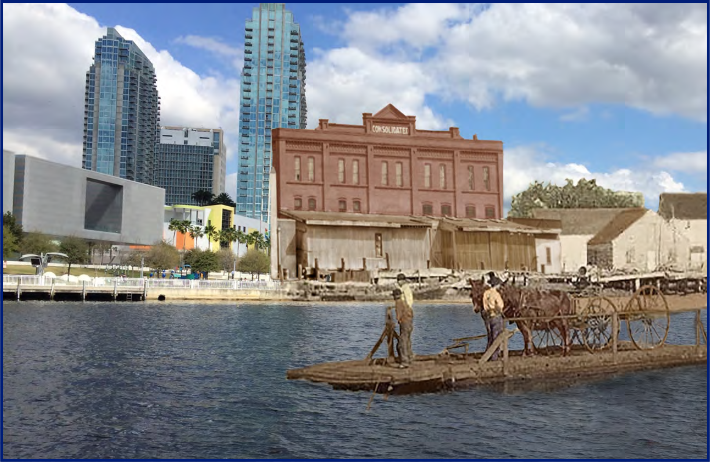 A historical juxtaposition showing men with a horse-drawn cart on water, alongside modern buildings and skyline.