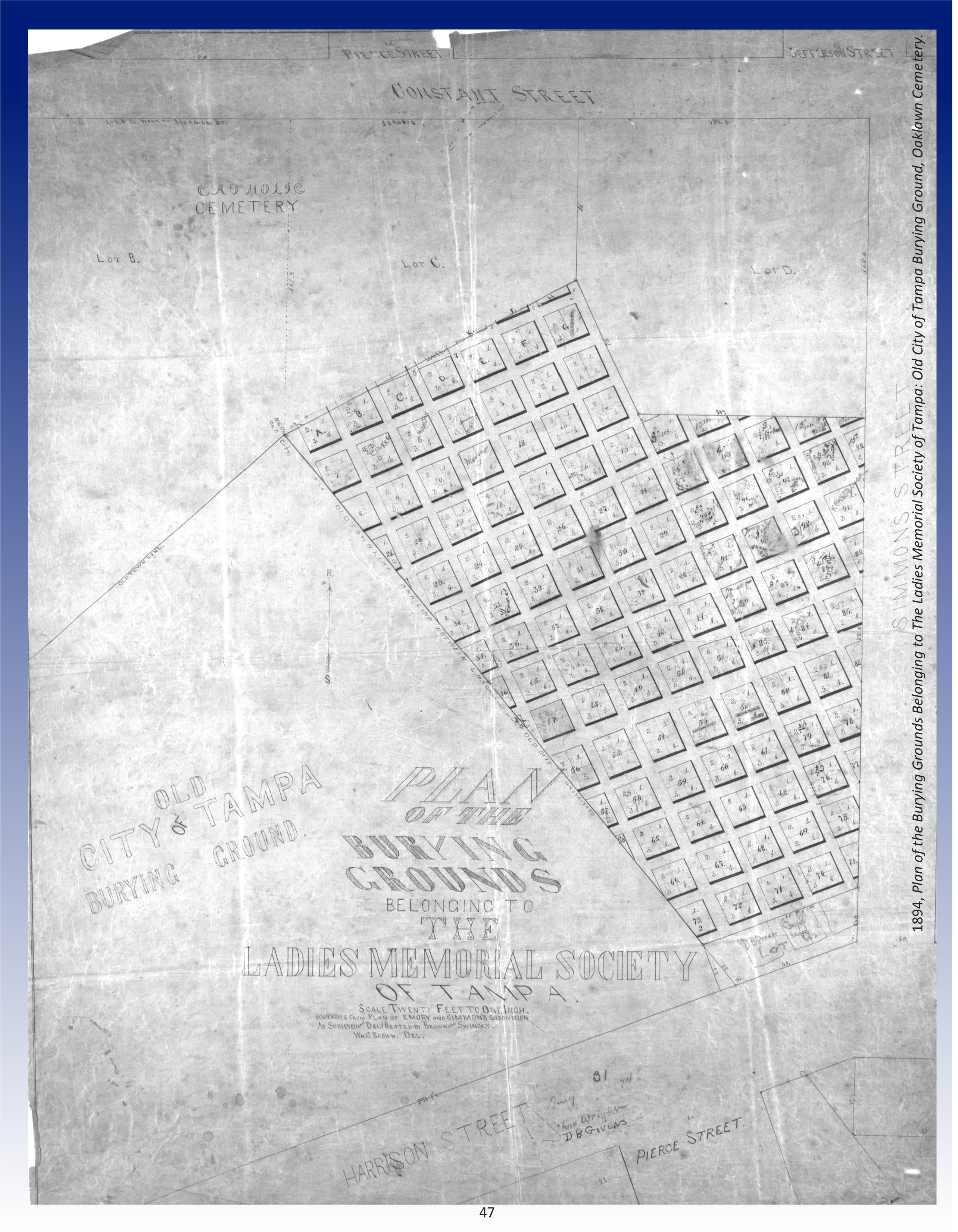 Old map showing plots of land belonging to the Ladies Memorial Society, with street names and layout in Tampa.