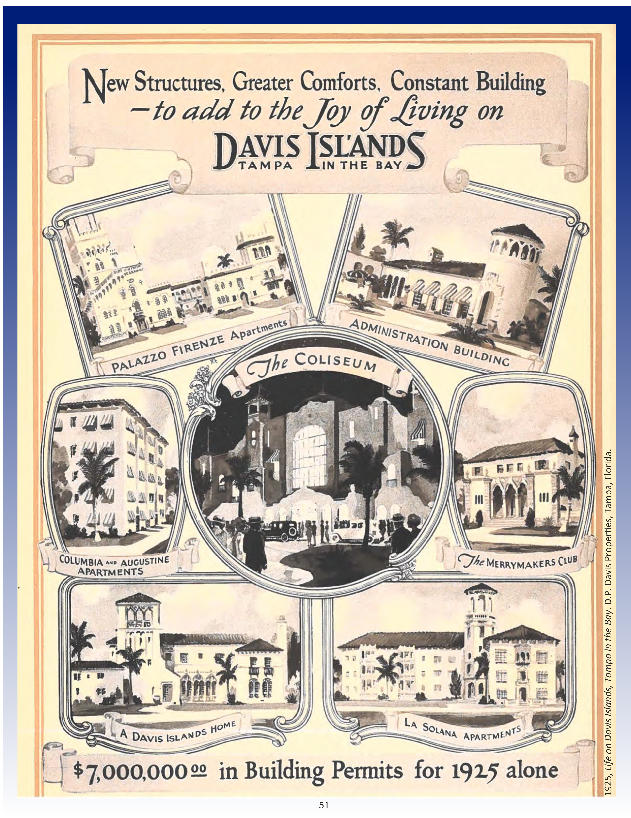 Historical advertisement for Davis Islands featuring various buildings and apartments, showcasing architectural designs and building permits for 1925.