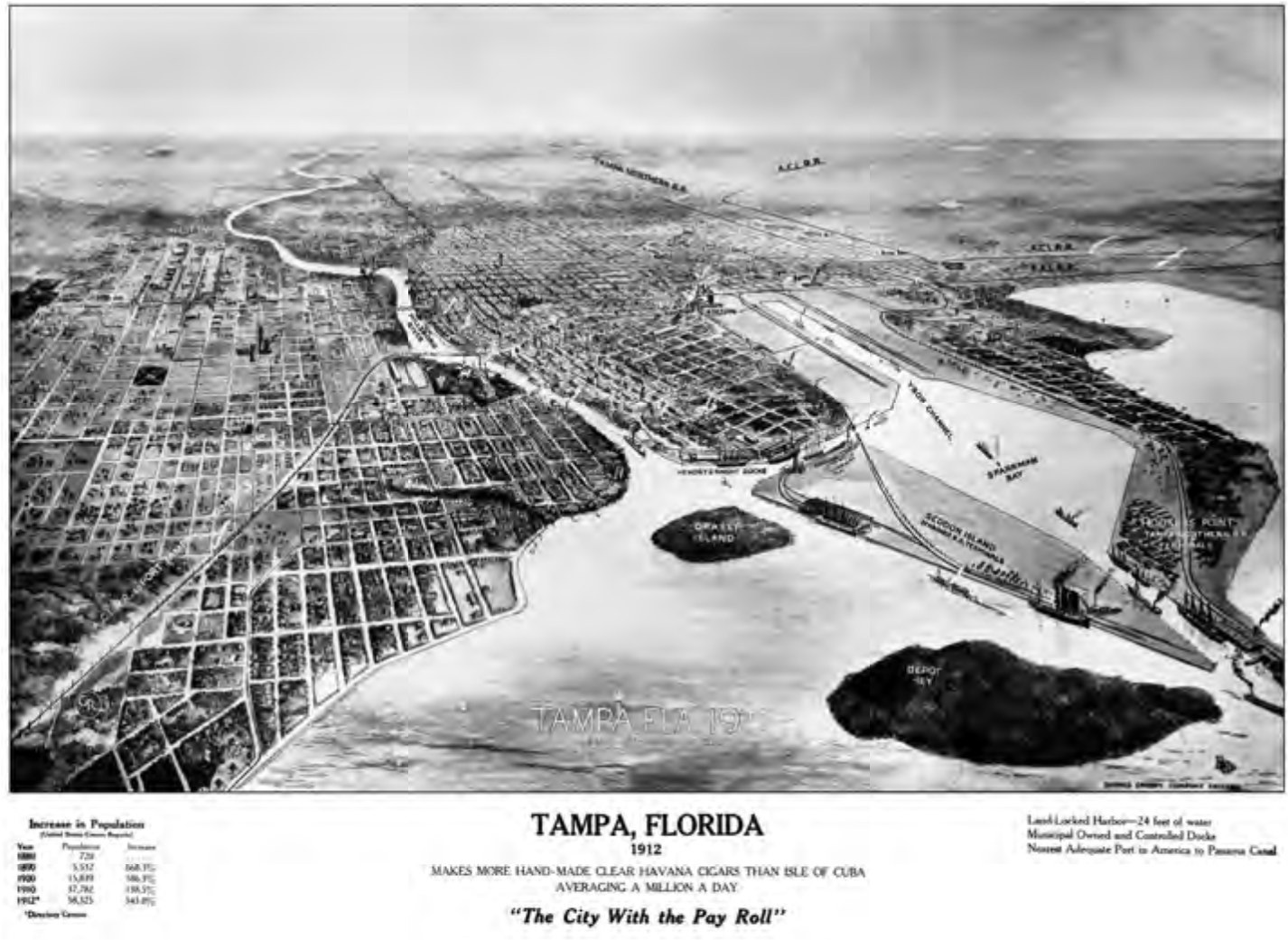 A historical aerial view map of Tampa, Florida, from 1912, highlighting its layout and surrounding waterways.
