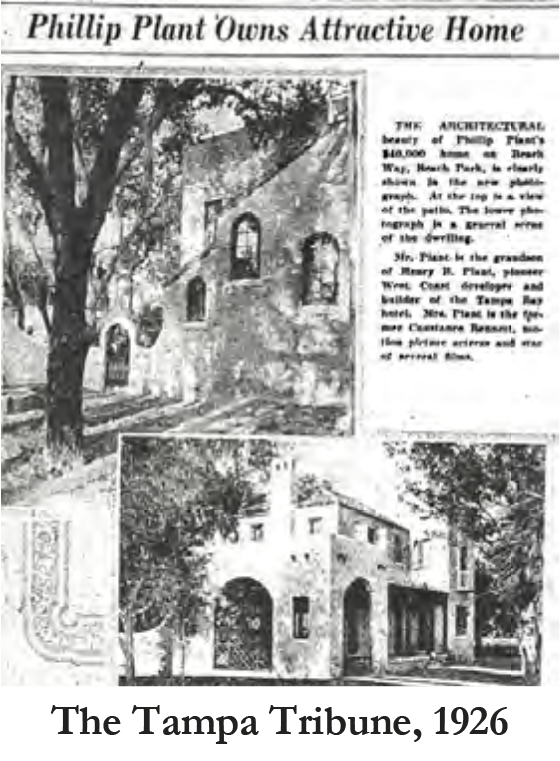 Historical newspaper clipping about Phillip Plant's home, featuring an image of the building and a description of its architectural beauty.