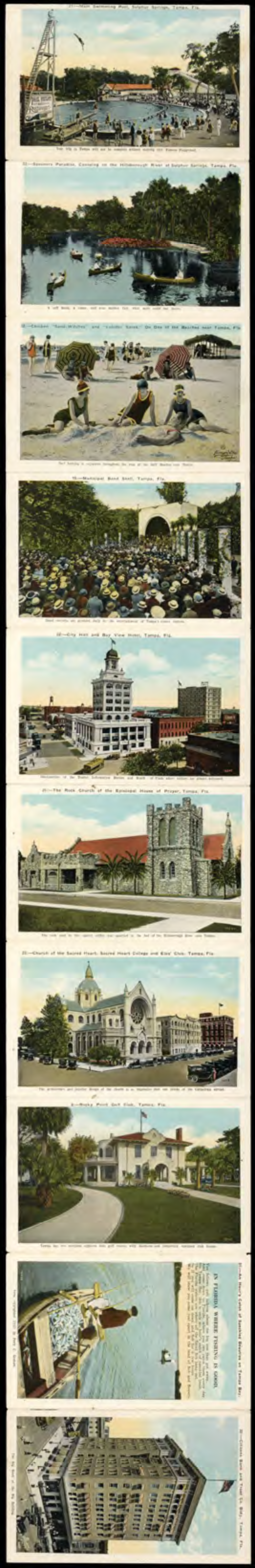 A collage of historic postcards showcasing scenic views, buildings, and waterfronts, depicting various locations and activities.