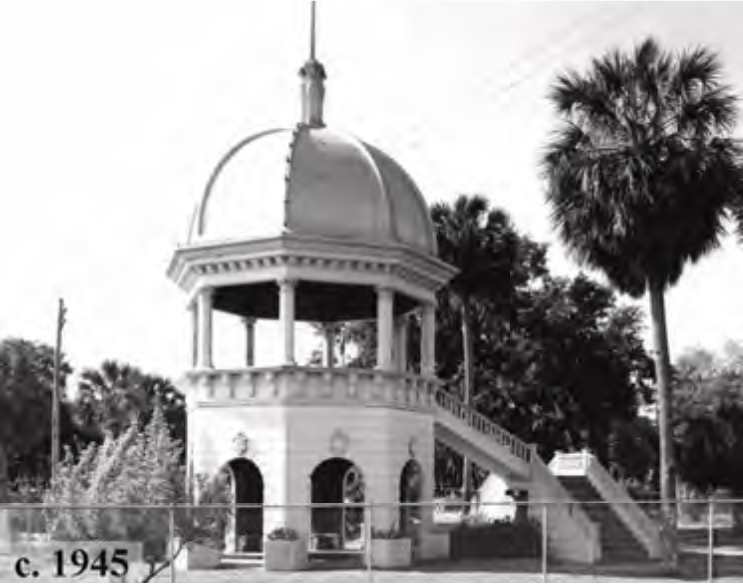 Historic gazebo with a domed roof and stairs, surrounded by trees, circa 1945.
