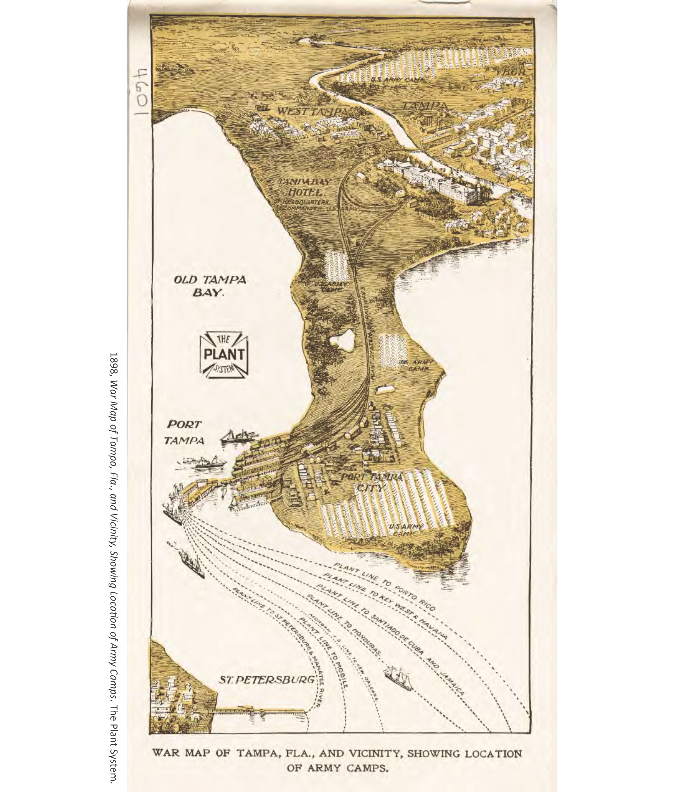 Historical war map of Tampa, Florida, depicting Old Tampa Bay, St. Petersburg, and locations of army camps and routes.