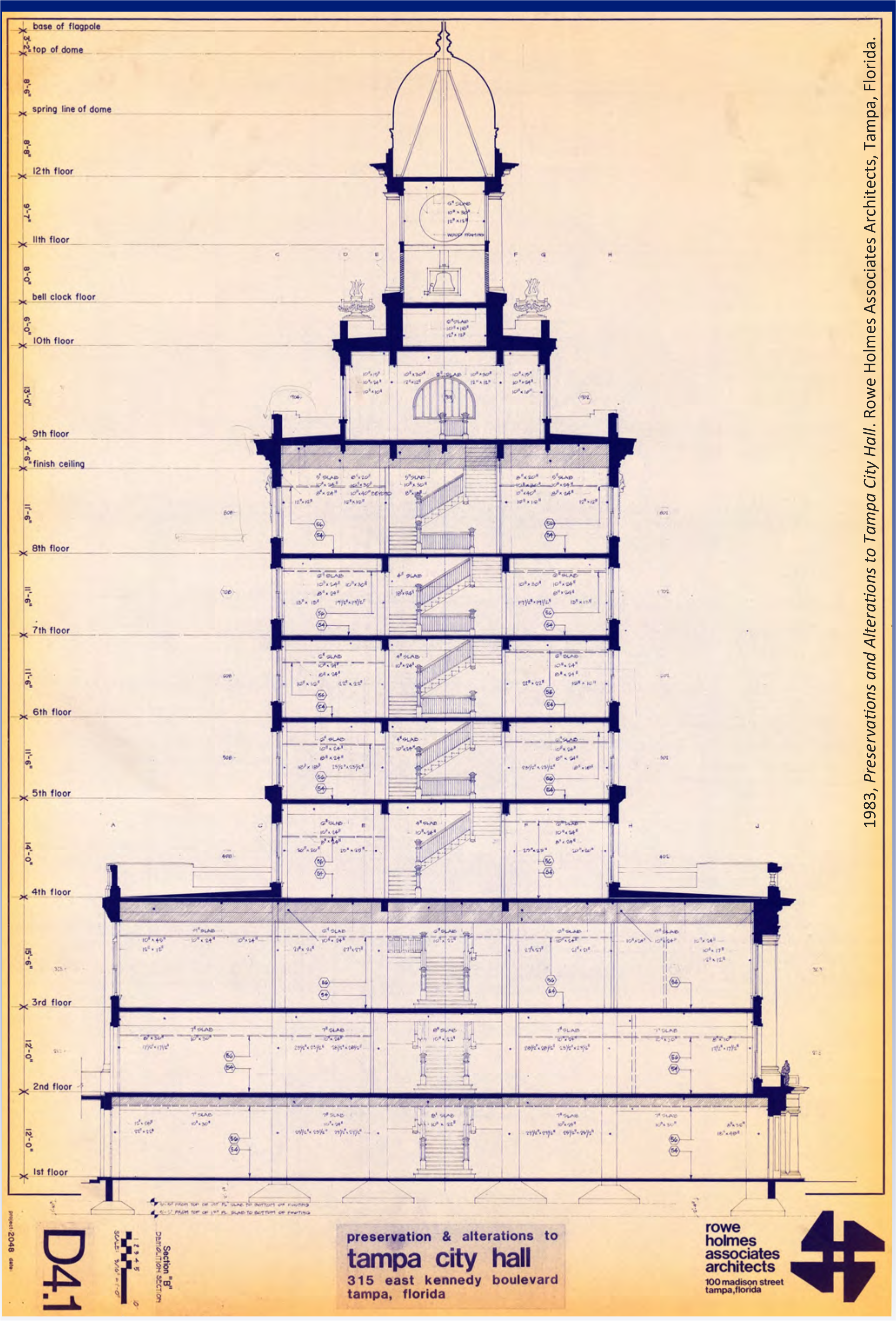 Architectural blueprint of Tampa City Hall showing floor plans and structural details.