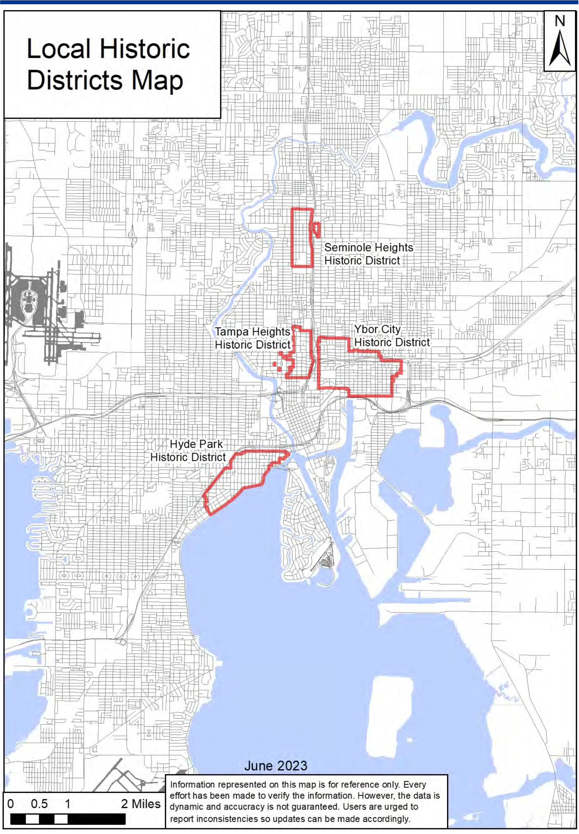 Map showing local historic districts in Tampa, including Seminole Heights, Tampa Heights, Ybor City, and Hyde Park. Scale indicated.