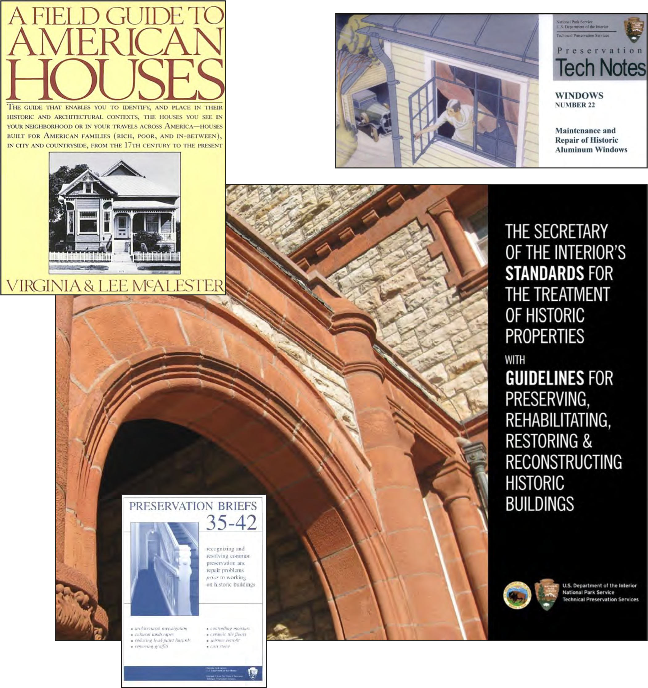 A collage of documents related to American architectural preservation, including guides and standards for historic buildings.