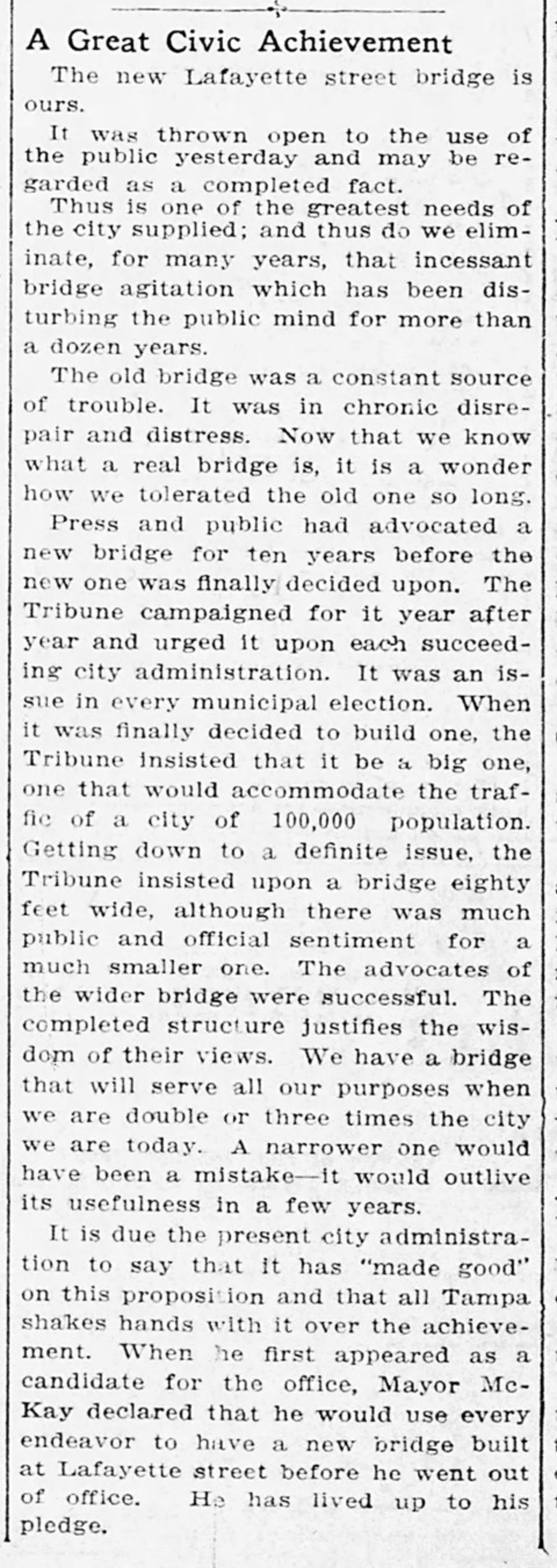 Article discussing the new Lafayette street bridge, highlighting public advocacy, challenges faced, and the importance of civic achievement.