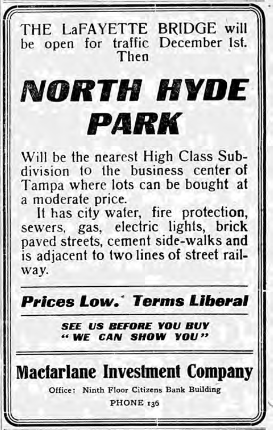 Advertisement for North Hyde Park, a new subdivision in Tampa, highlighting amenities and contact details for Macfarlane Investment Company.
