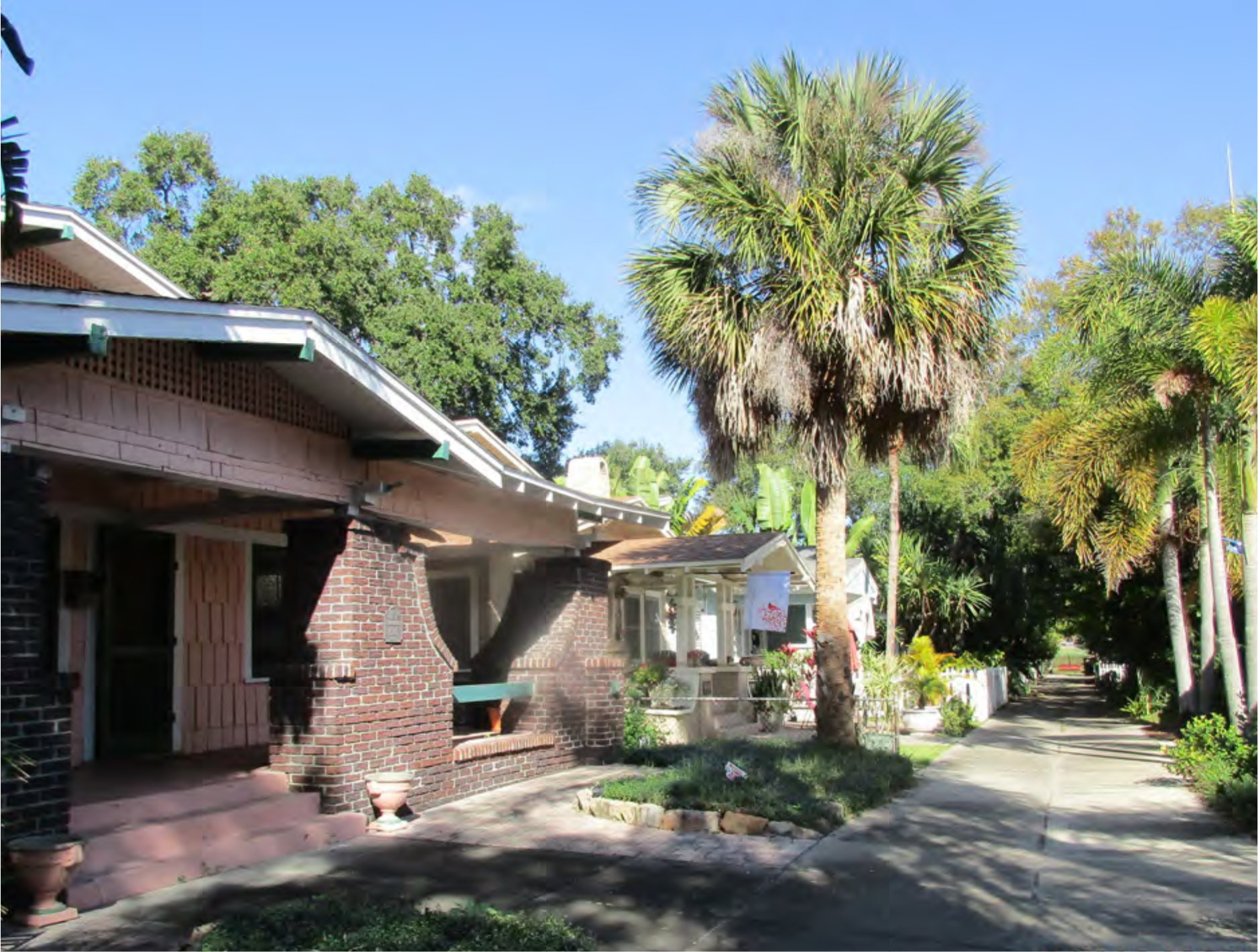 A scenic street lined with palm trees and charming houses under a clear blue sky.