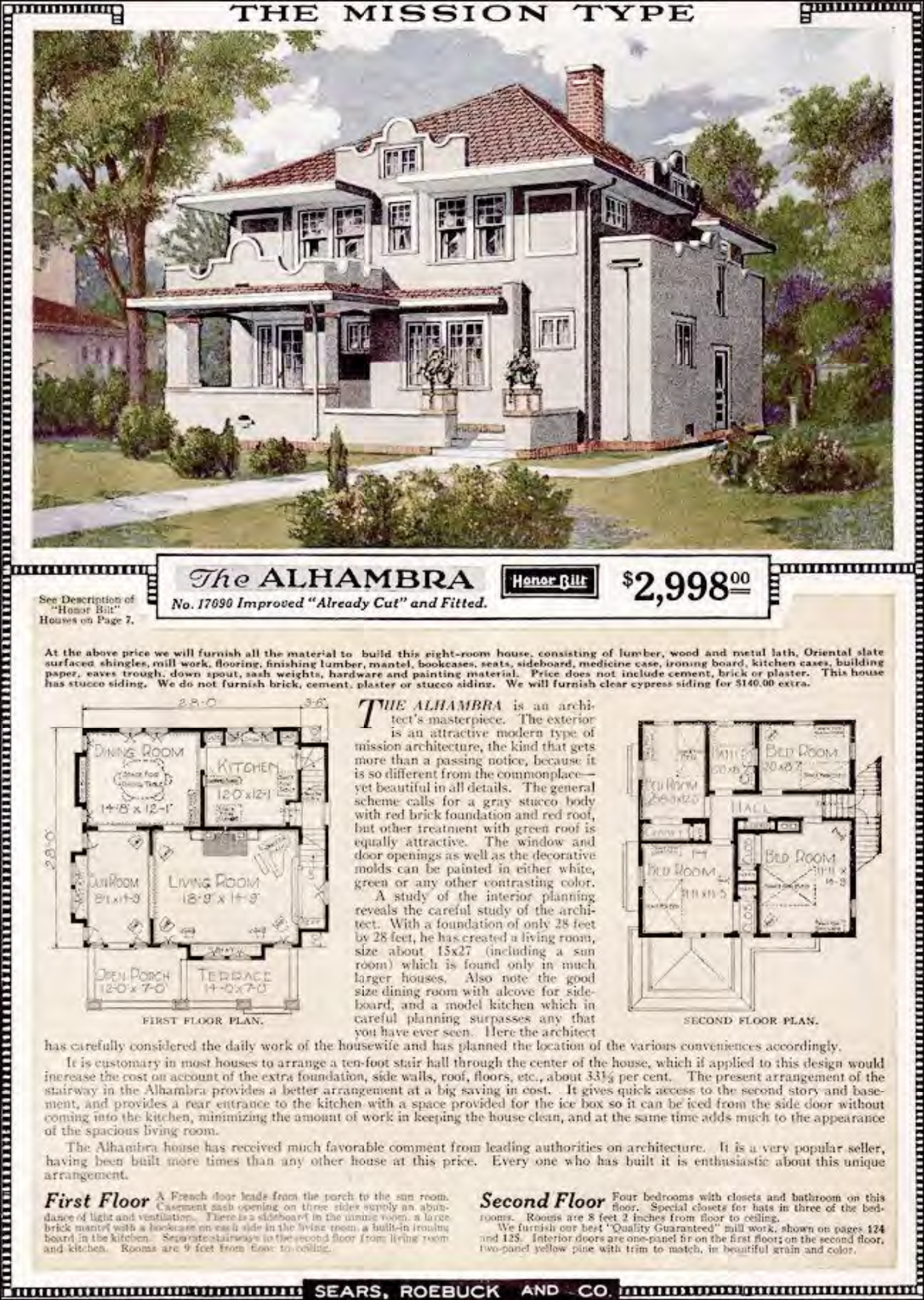 Illustration of The Alhambra house design with floor plans and pricing details from Sears, Roebuck and Co.