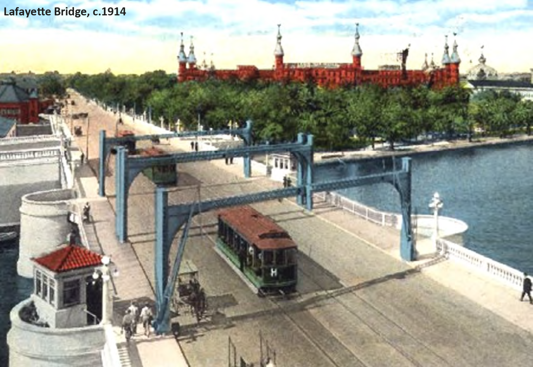 Historic colorized image of Lafayette Bridge, c. 1914, featuring a streetcar, pedestrians, and buildings in the background.