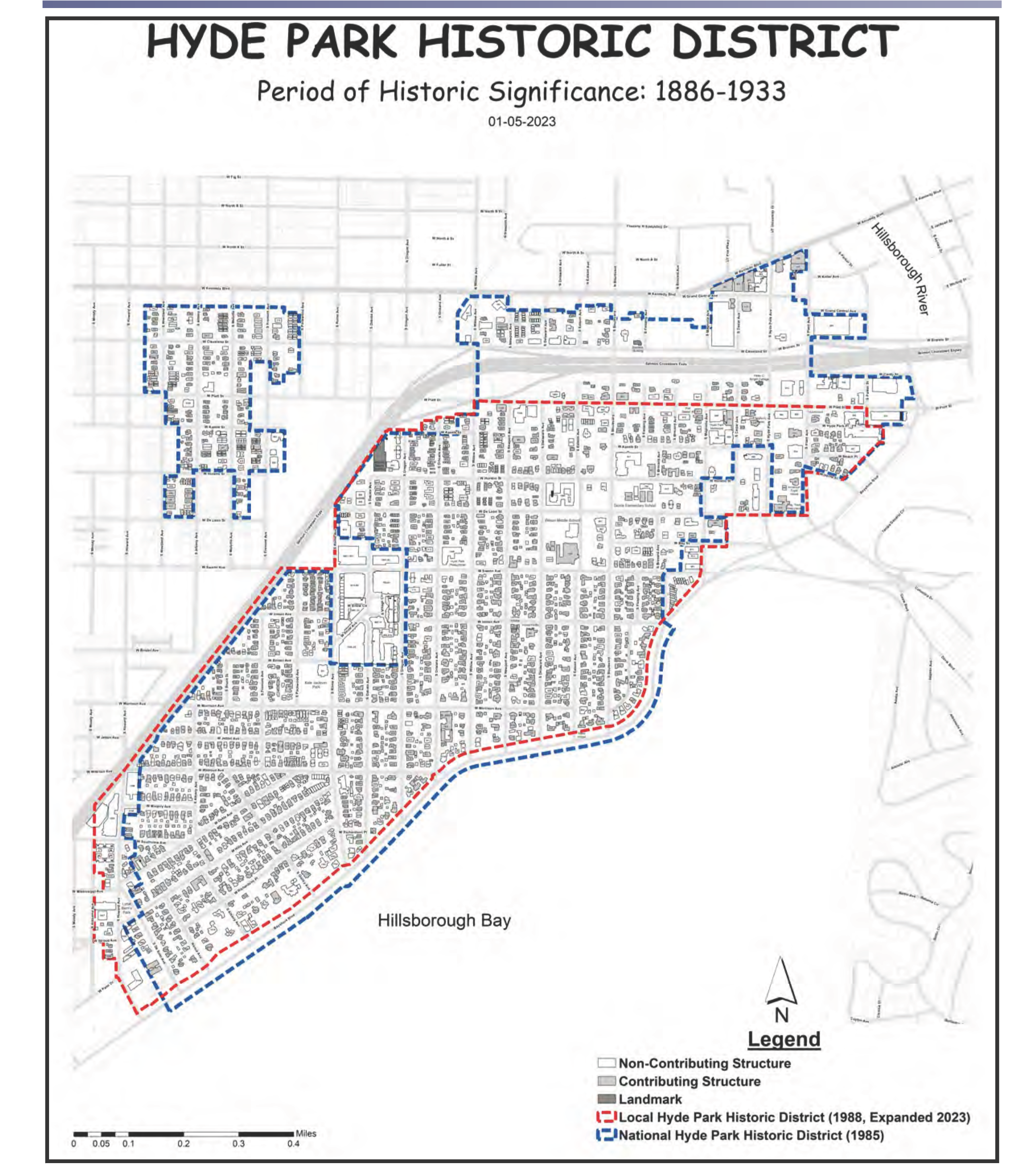 Map of the Hyde Park Historic District, highlighting historic significance areas, non-contributing structures, and boundaries as of January 2023.