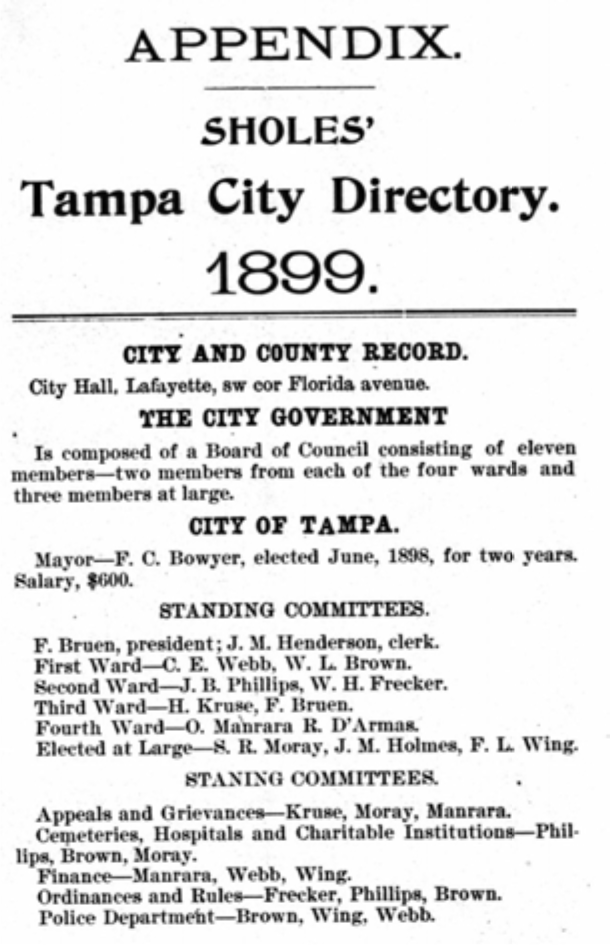 1899 Tampa City Directory page, detailing city government, mayor, standing committees, and members with their roles and salaries.