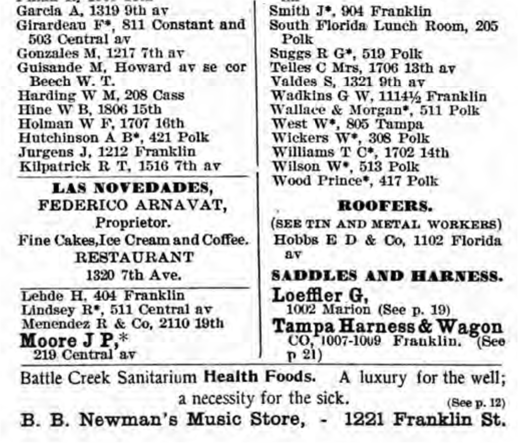 Historic advertisement featuring local businesses, including a restaurant, barbershop, and ice cream shop, alongside various professional services.