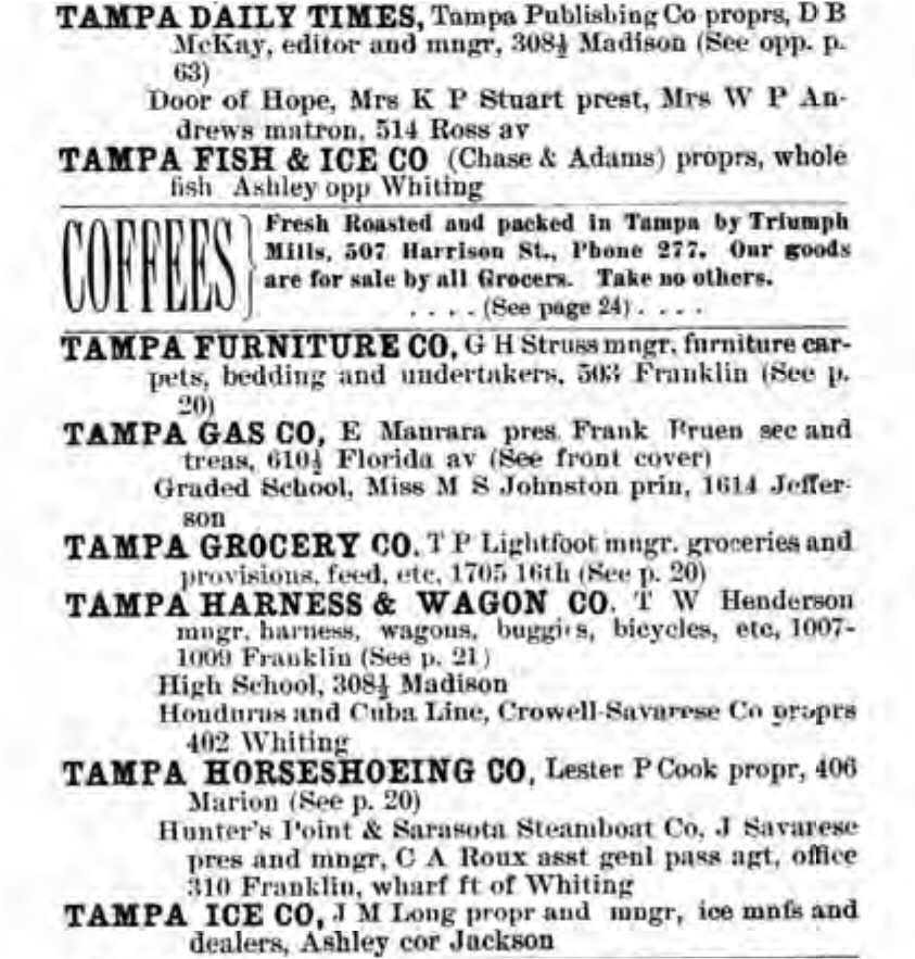 Page from the Tampa Times featuring furniture ads, including roasts, beds, and wagon furniture for sale in Tampa, Florida.
