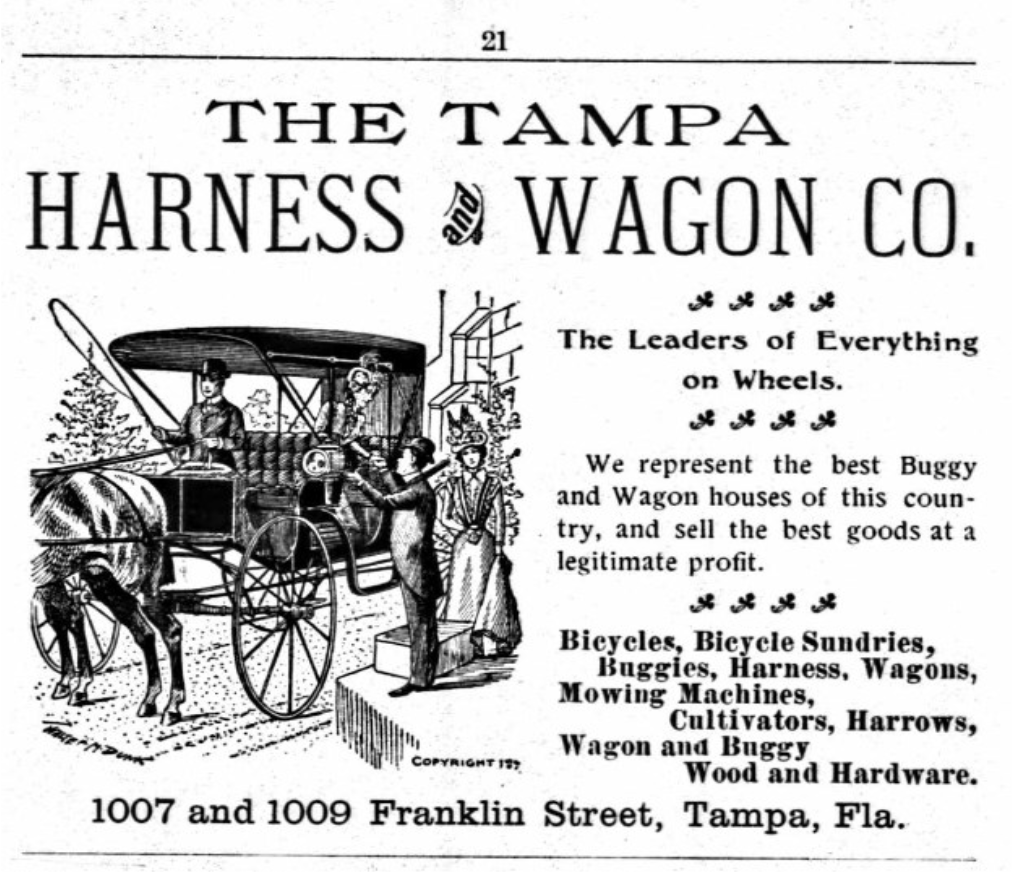 Advertisement for The Tampa Harness & Wagon Co., featuring a horse-drawn carriage and listing various products and services offered.