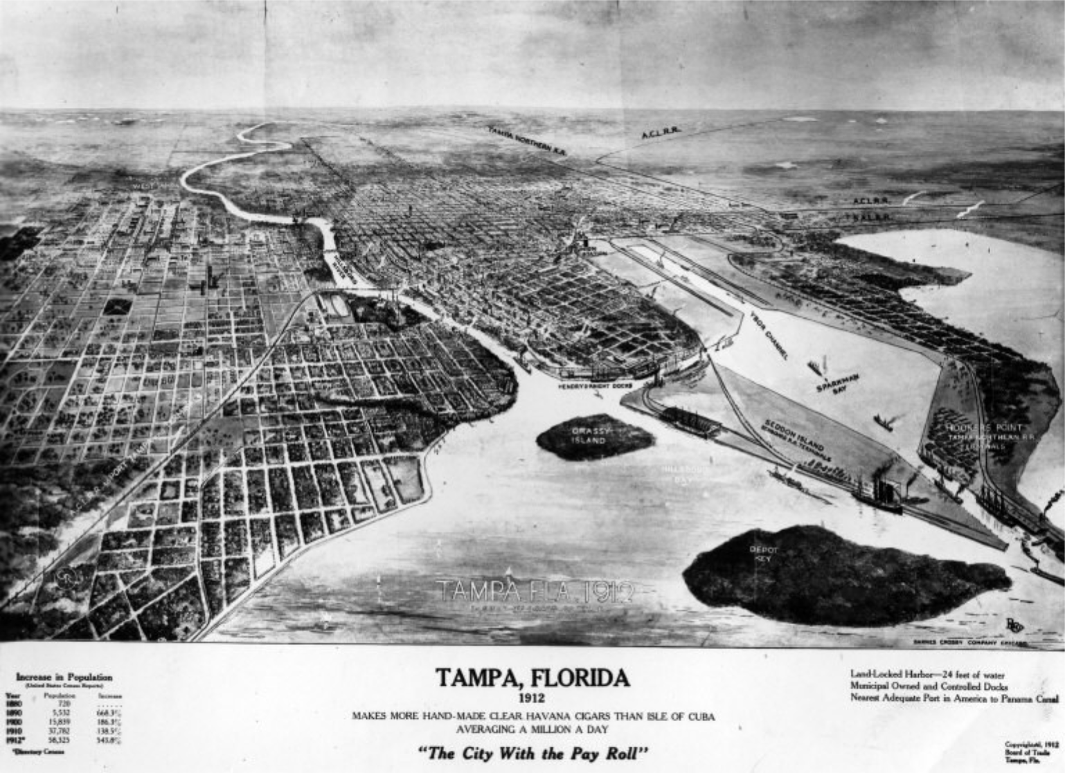 Historic map of Tampa, Florida from 1922, showcasing streets, waterways, and key landmarks.