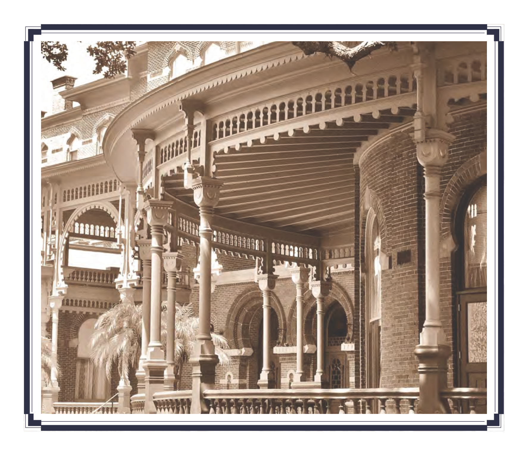 Sepia-toned image of a historic building's porch, featuring intricate wooden columns and architectural details.