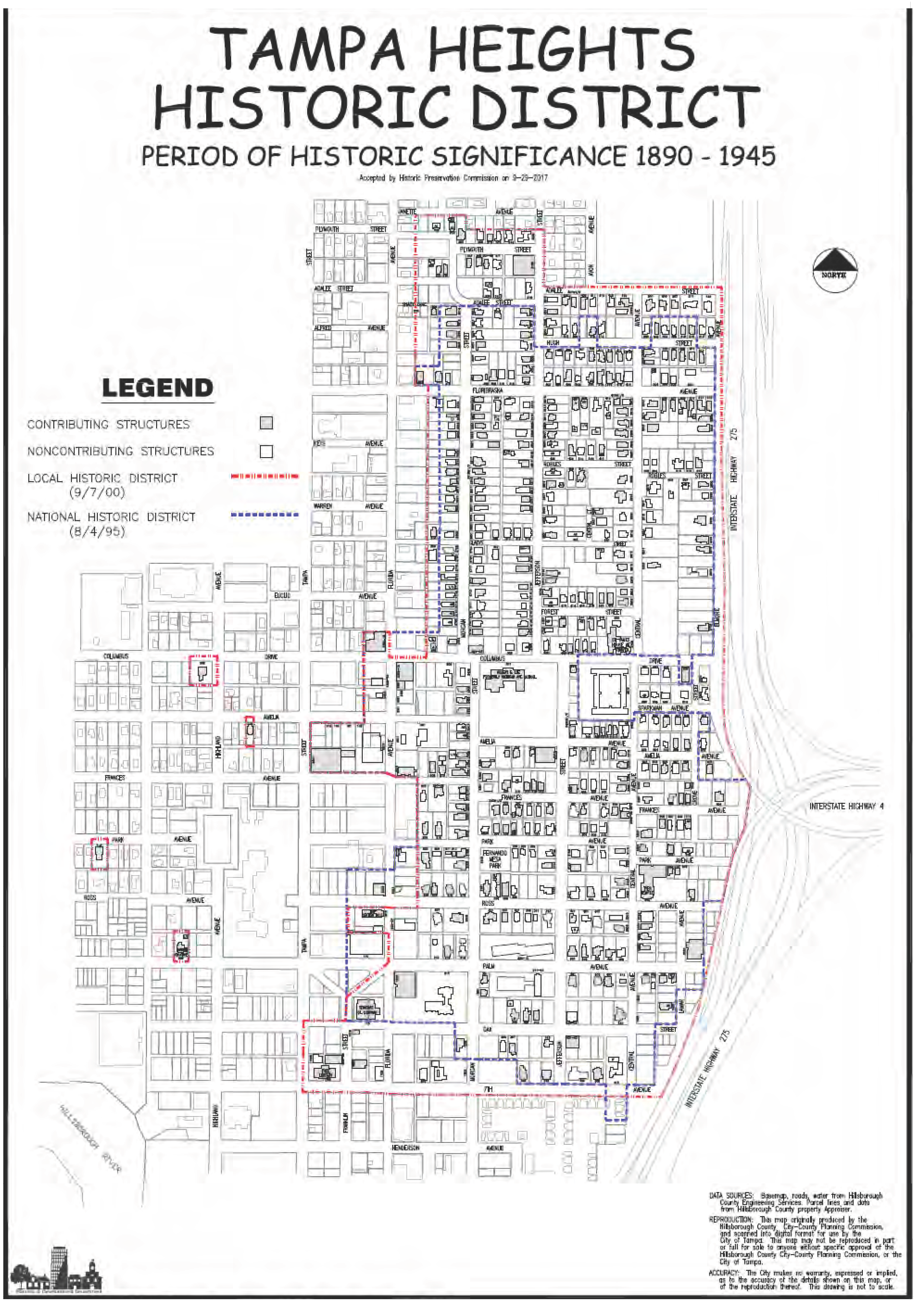 Map of Tampa Heights Historic District, indicating contributing and noncontributing structures, with historical significance from 1890 to 1945.