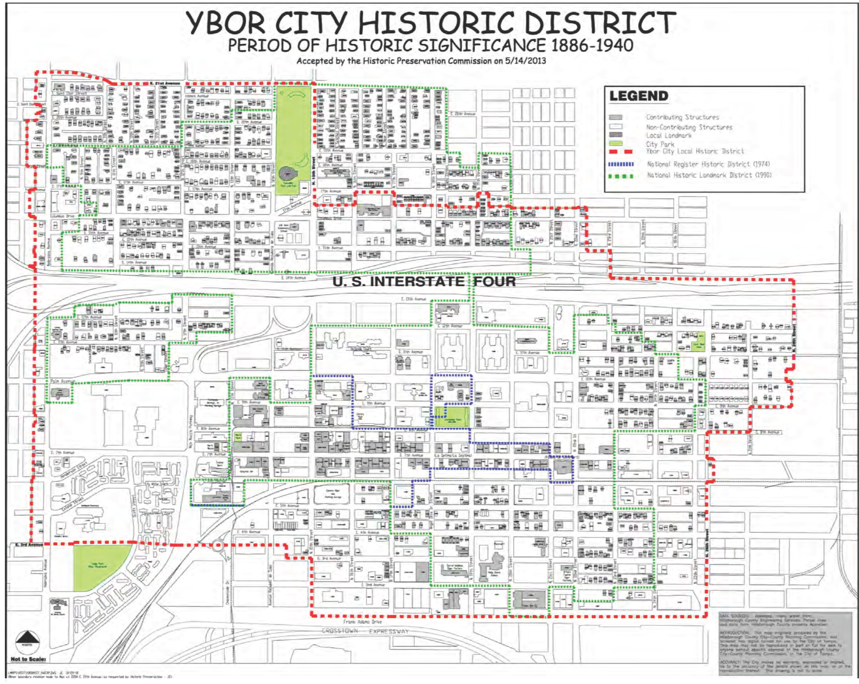 Map of Ybor City Historic District highlighting significant buildings and areas from 1886 to 1940, with a detailed legend.