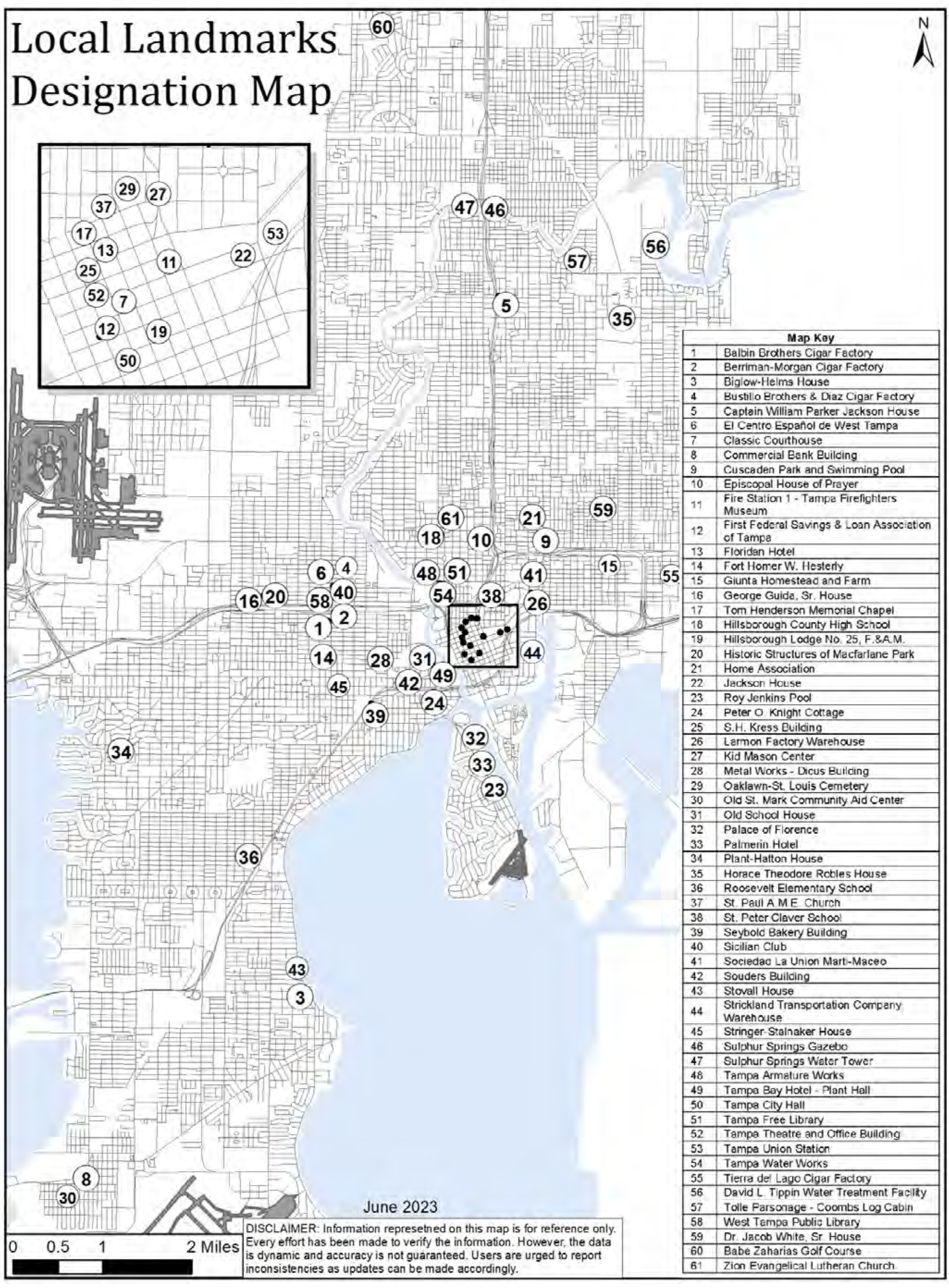 Map showing designated local landmarks with numbered locations and a key for reference.