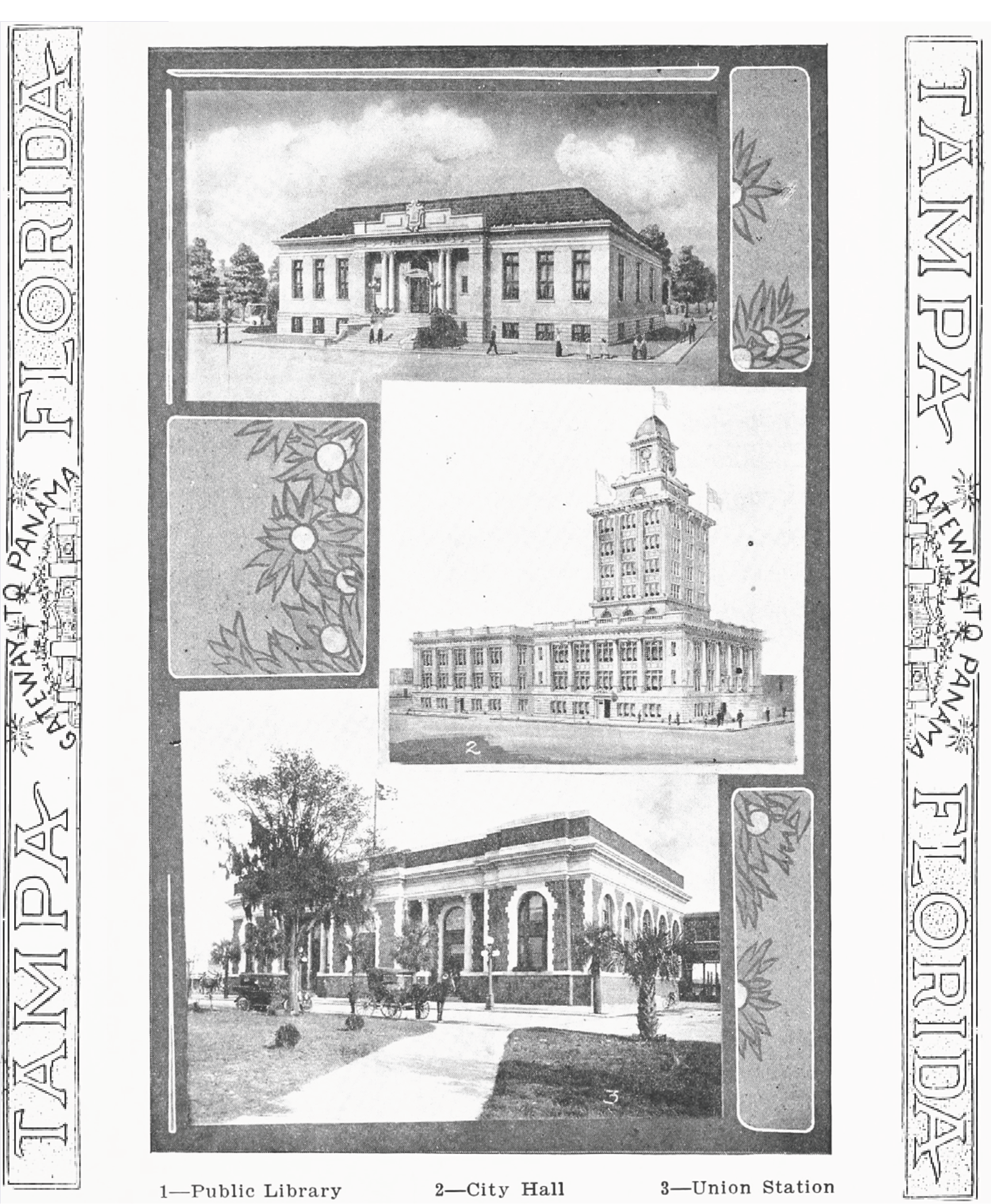 Black and white collage of historical buildings in Tampa, including Public Library, City Hall, and Union Station.