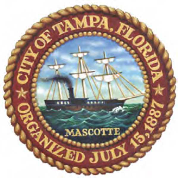 Seal of Tampa, Florida, featuring a ship, waves, and text detailing the city's name and organization date.