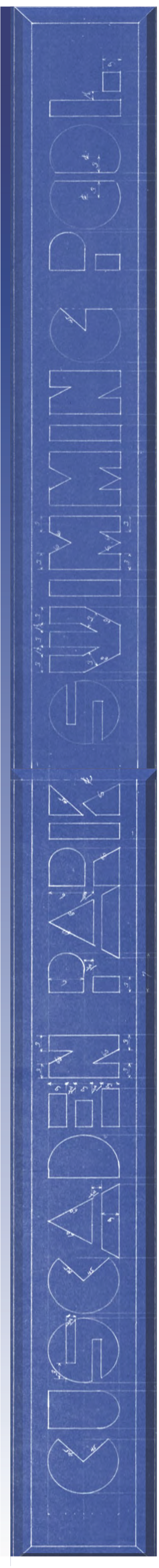 Blueprint style drawing with white text and markings on a blue background, detailing a design or structure.
