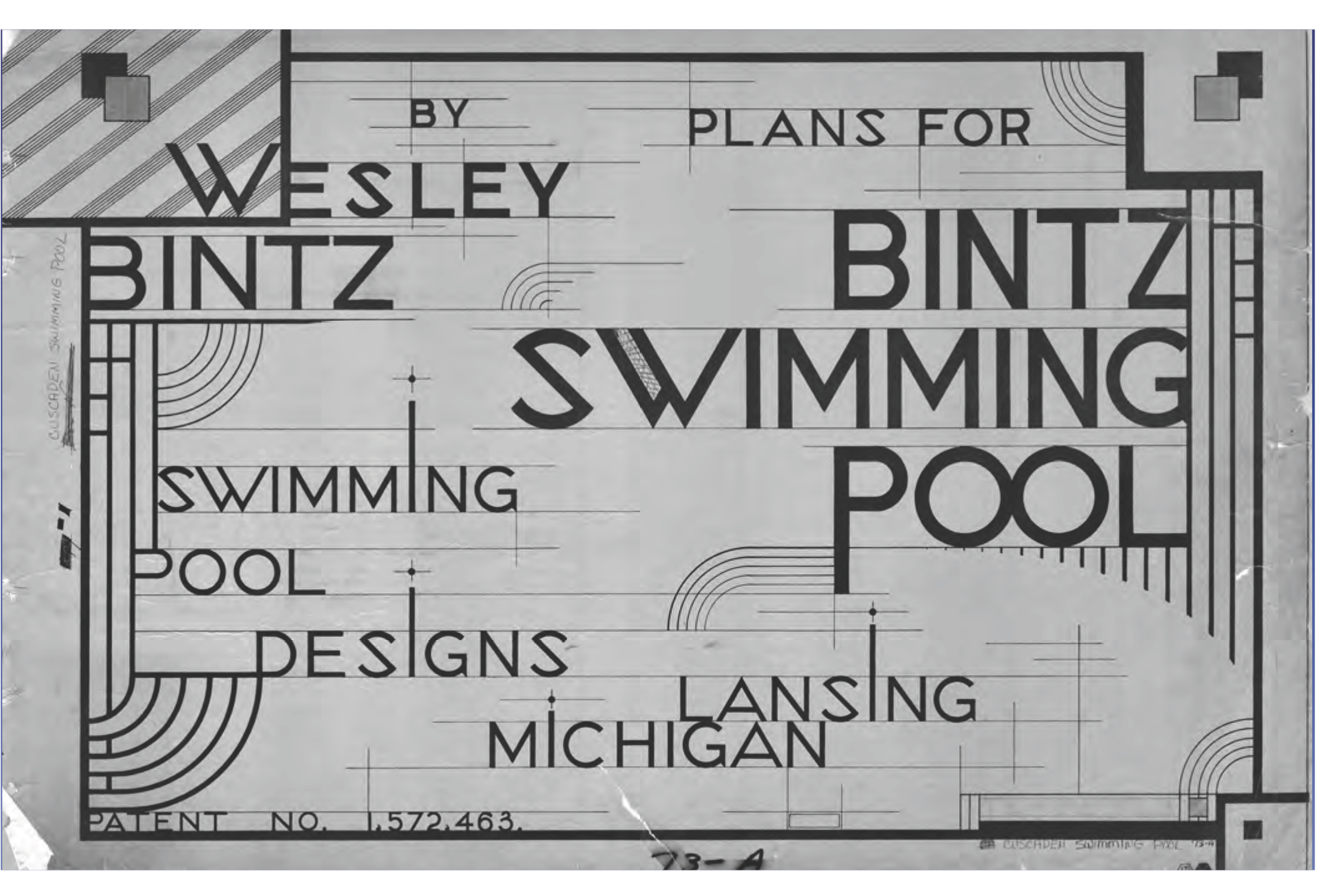 Architectural plans for Bintz Swimming Pool by Wesley Bintz, featuring design elements and text detailing plans for a pool in Lansing, Michigan.