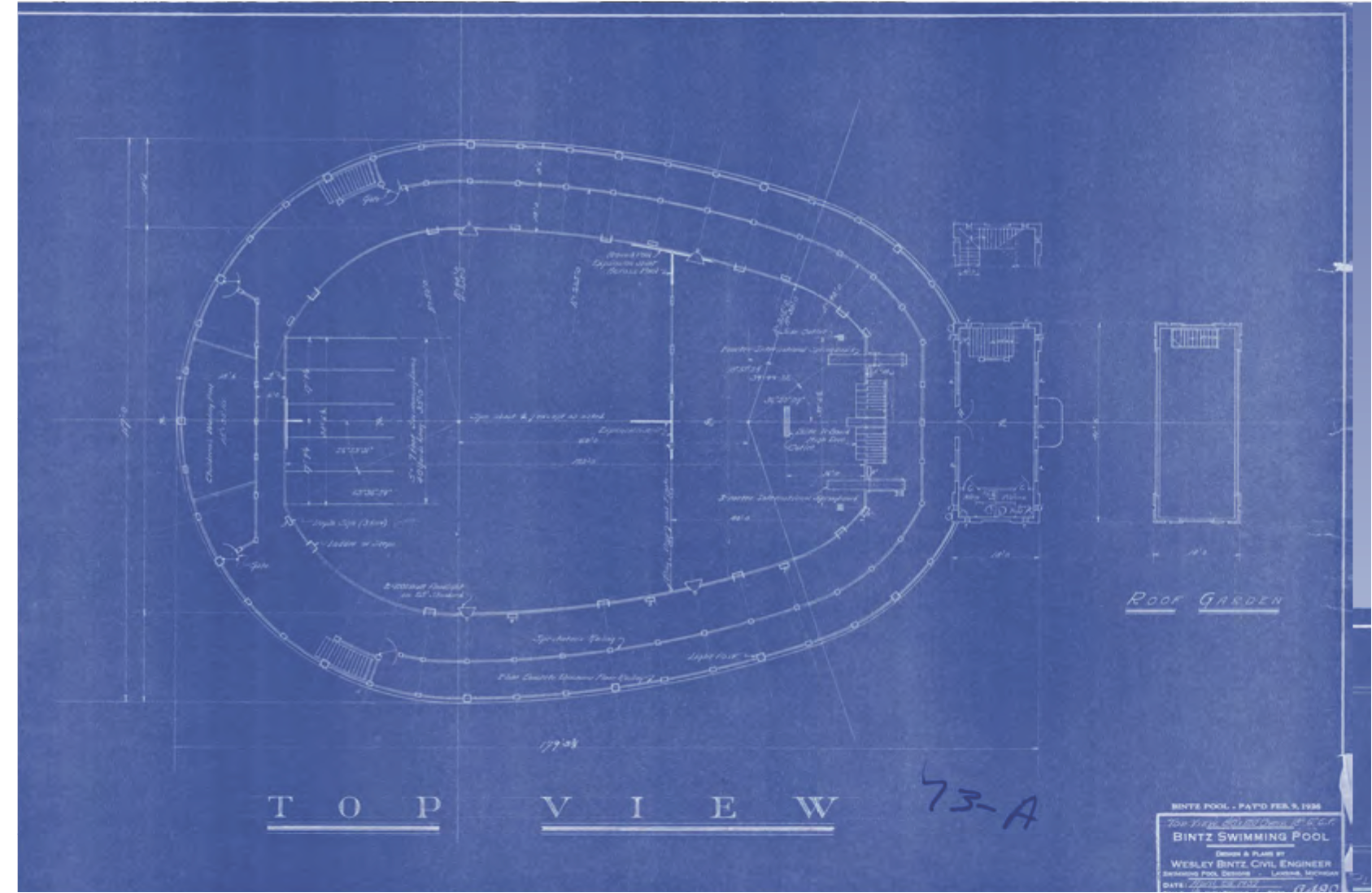 Blueprint of a swimming pool layout showing a top view with labeled dimensions and features.
