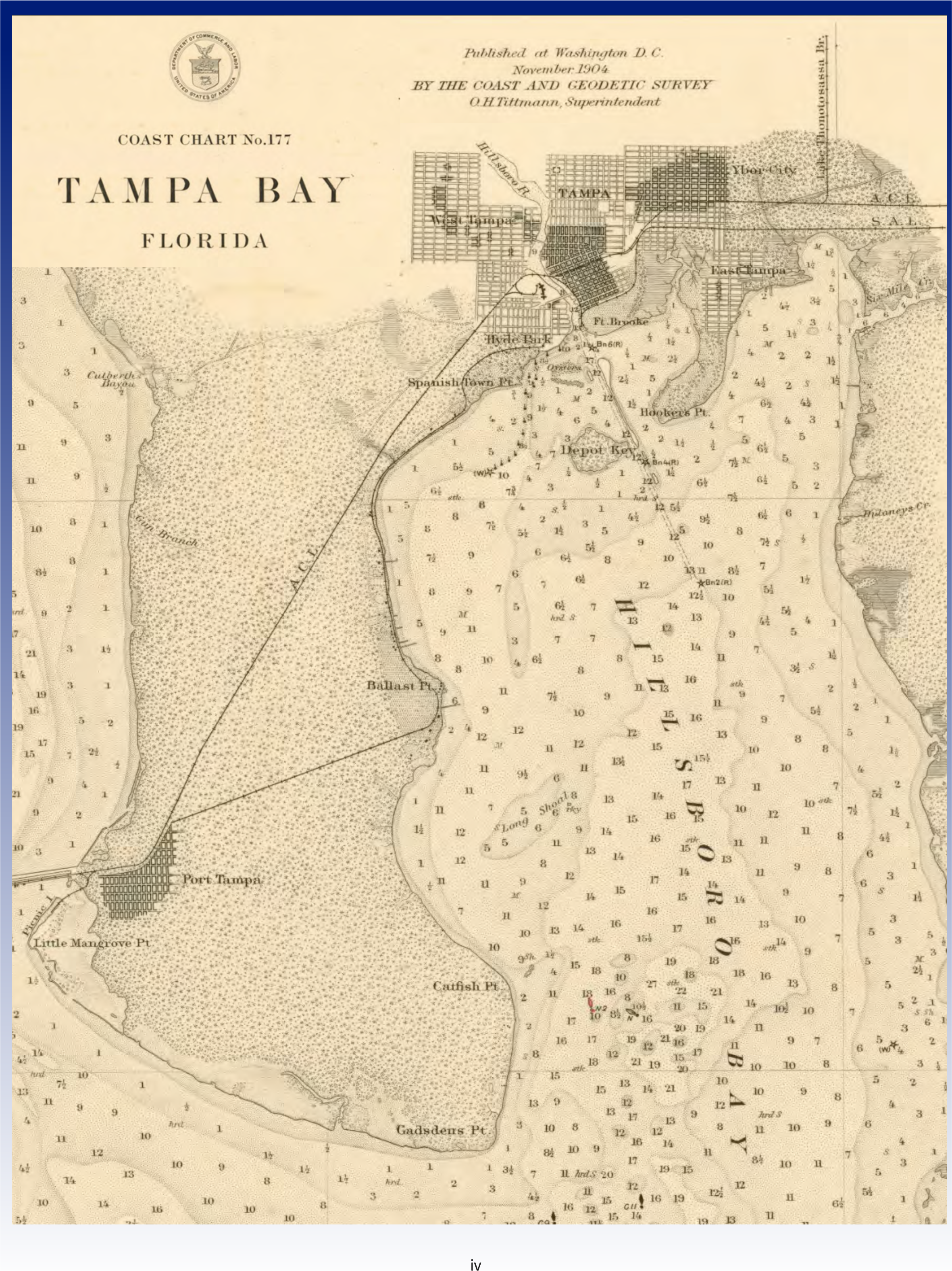 Historical nautical chart of Tampa Bay, Florida, detailing coastal features and navigational data.