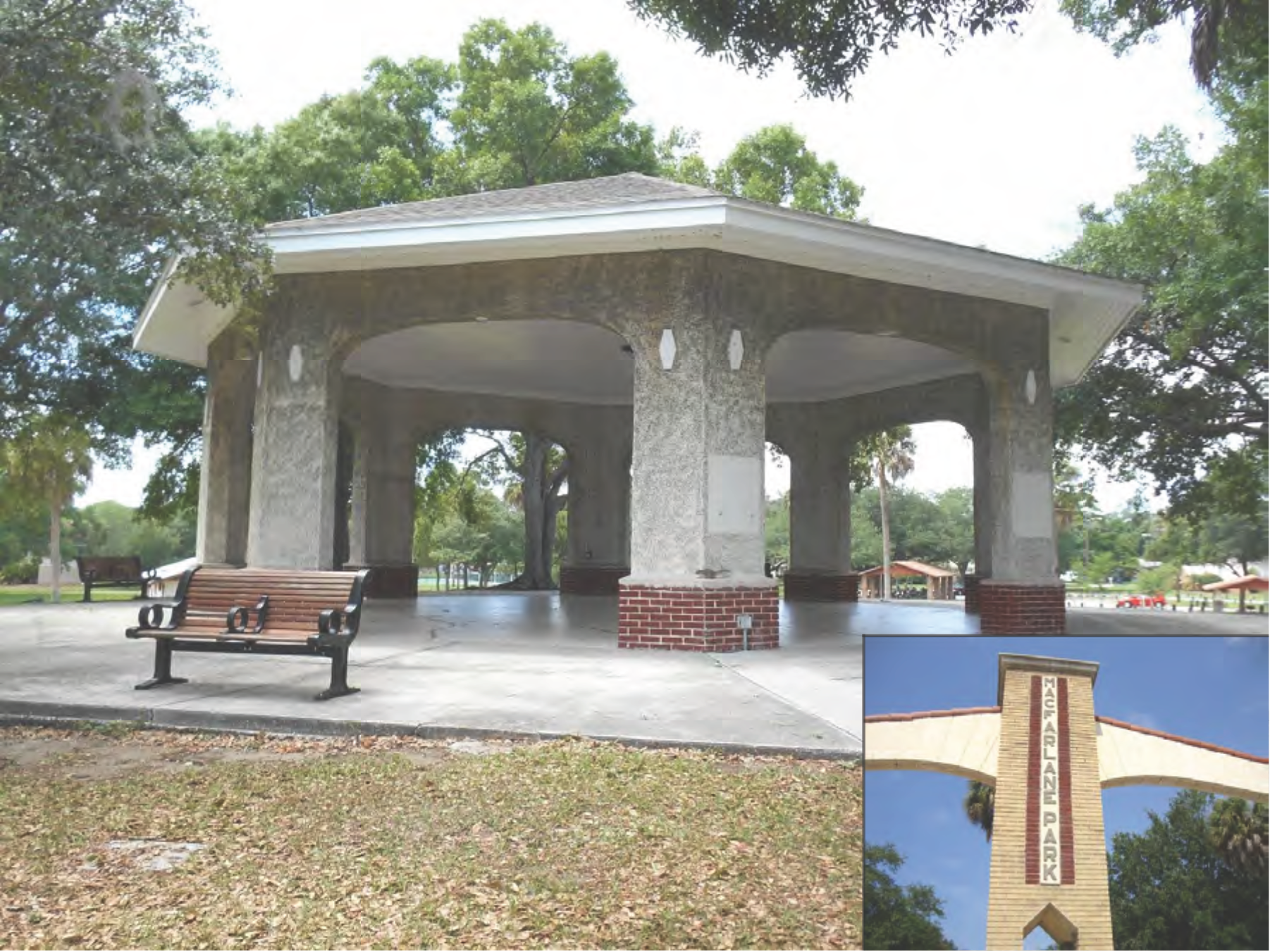 A gazebo in a park with benches and trees, featuring an inset image of the park's sign.