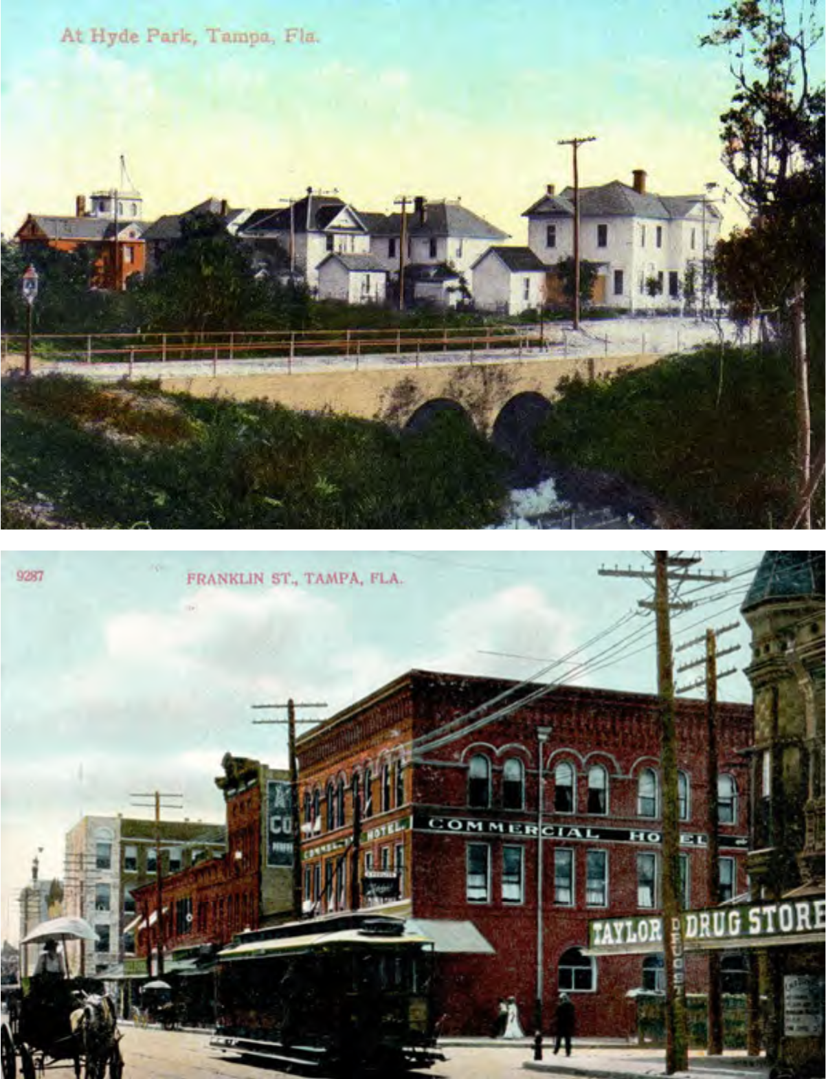 Historical postcard images of Hyde Park and Franklin St. in Tampa, Florida, featuring buildings, a bridge, and an early 20th-century street scene.