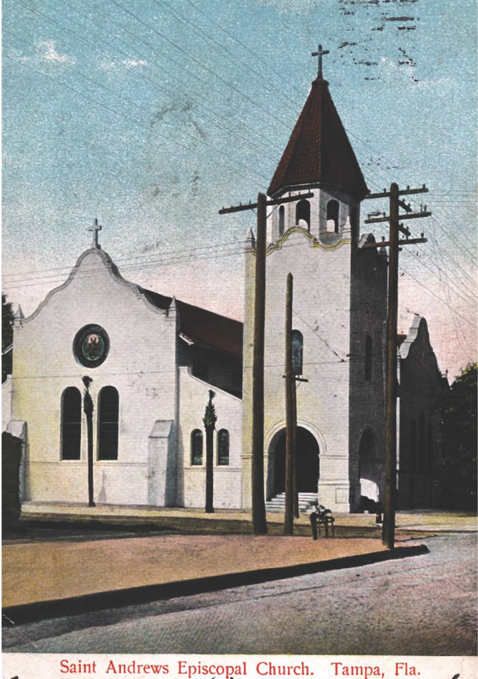 Saint Andrews Episcopal Church in Tampa, Florida, featuring distinctive architecture with a tall tower and cross, captured in a vintage postcard style.