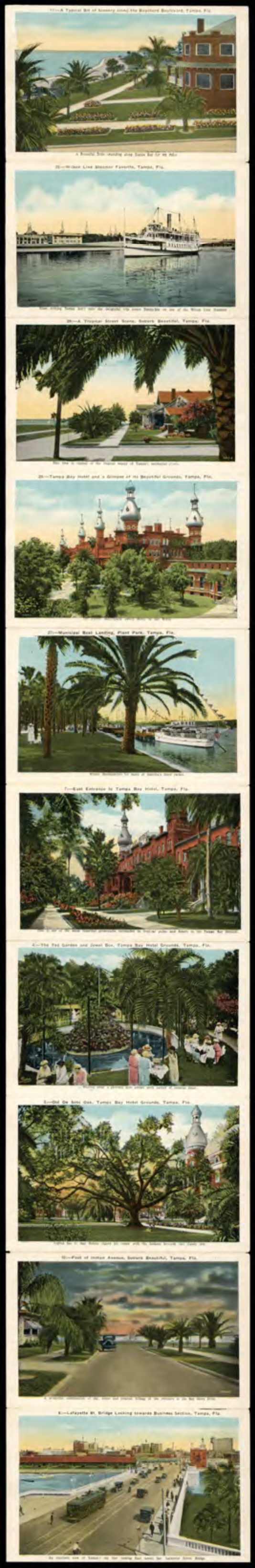 Vintage postcard collage featuring scenic views of waterfronts, boats, palm trees, and historical buildings in a sunny, idyllic setting.