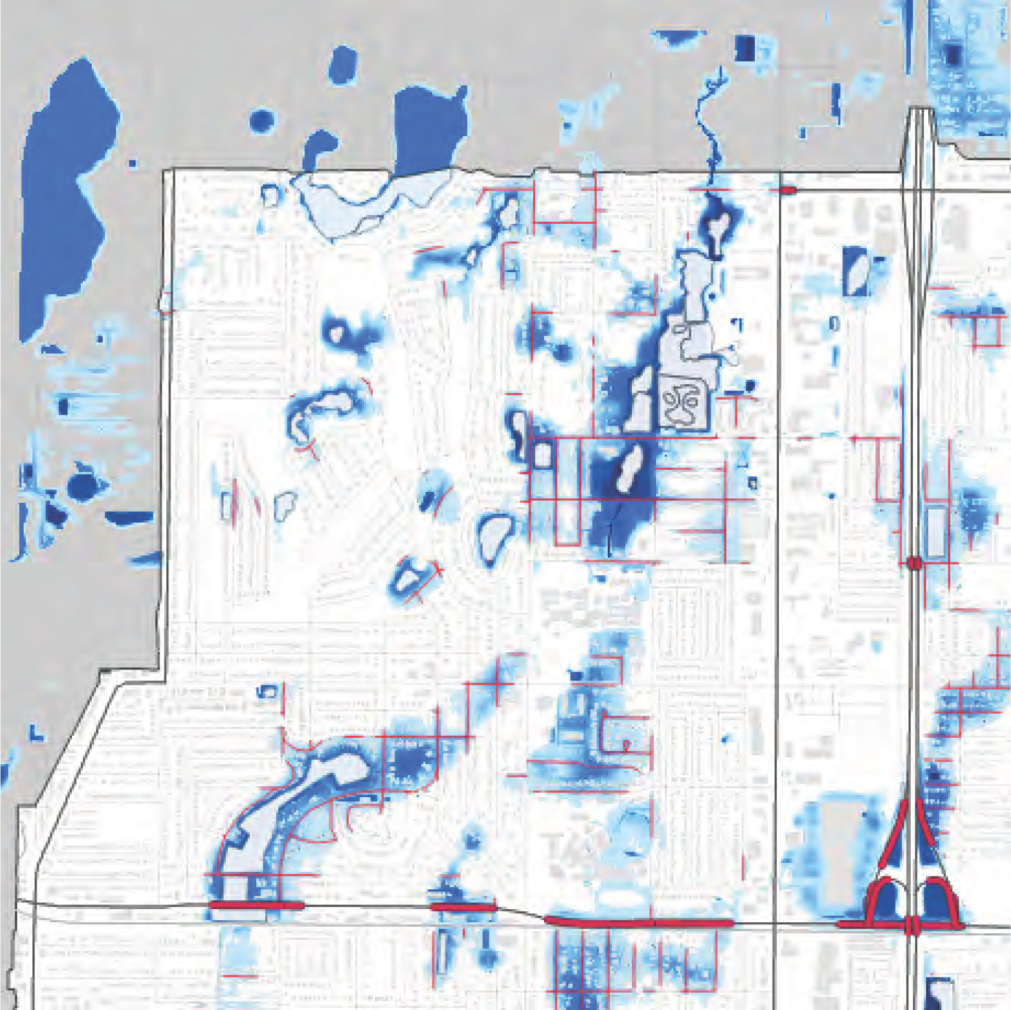 Map showing urban infrastructure overlaid with blue and red water features, indicating various geographical elements and layout.