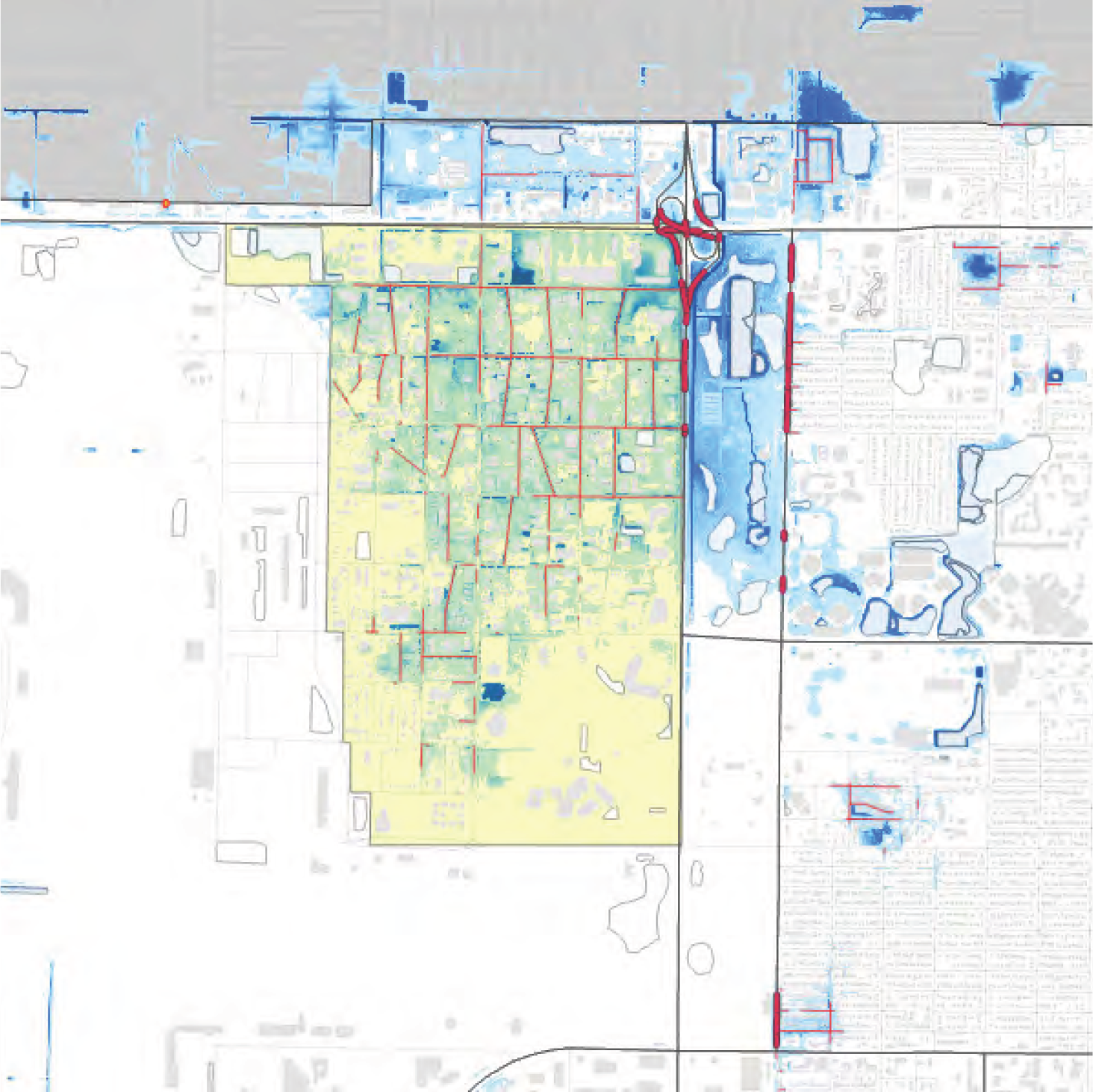 A map showing a grid layout with varying shades of blue and yellow, indicating different areas of development or water features.