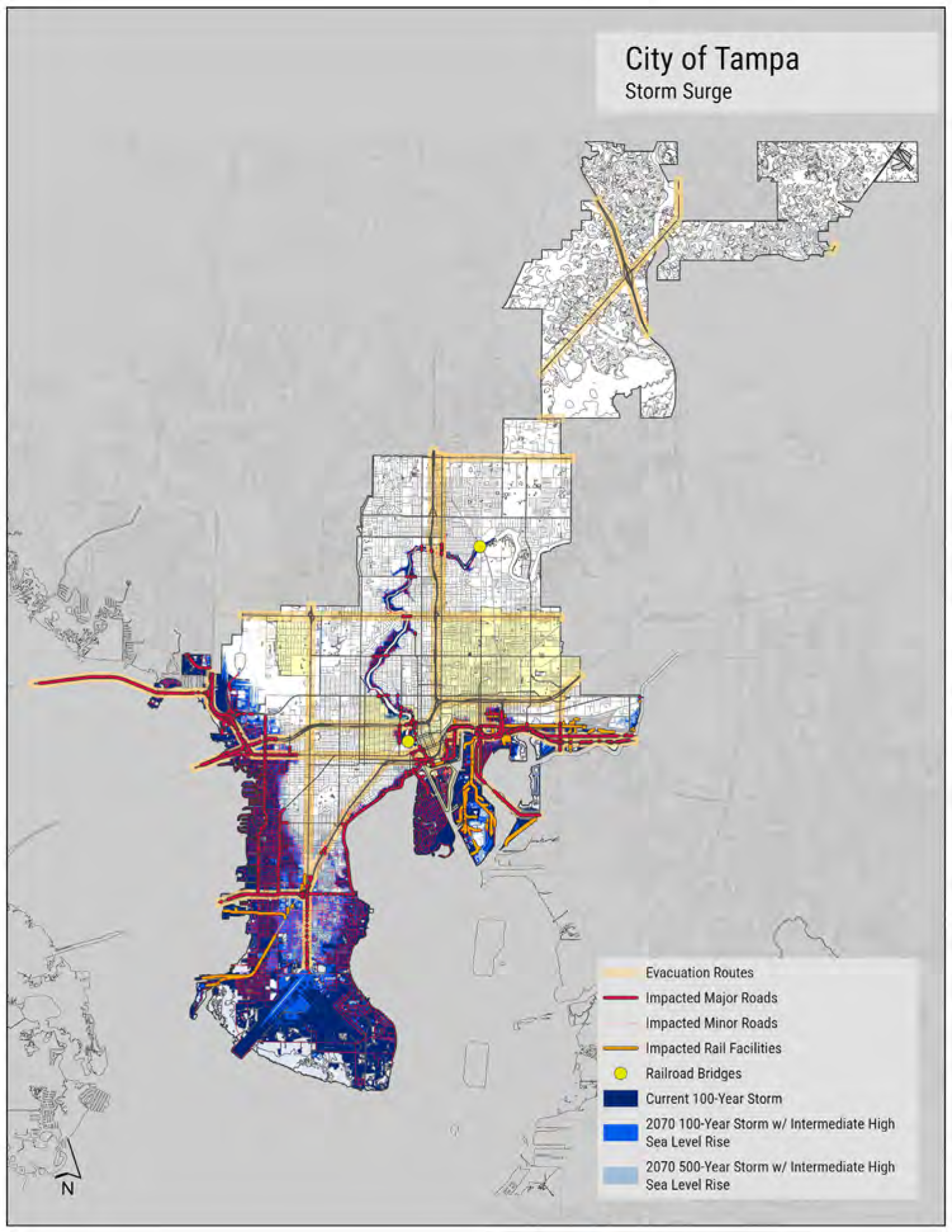 Map of Tampa showing storm surge areas, including evacuation routes and impacted roads during various storm scenarios.