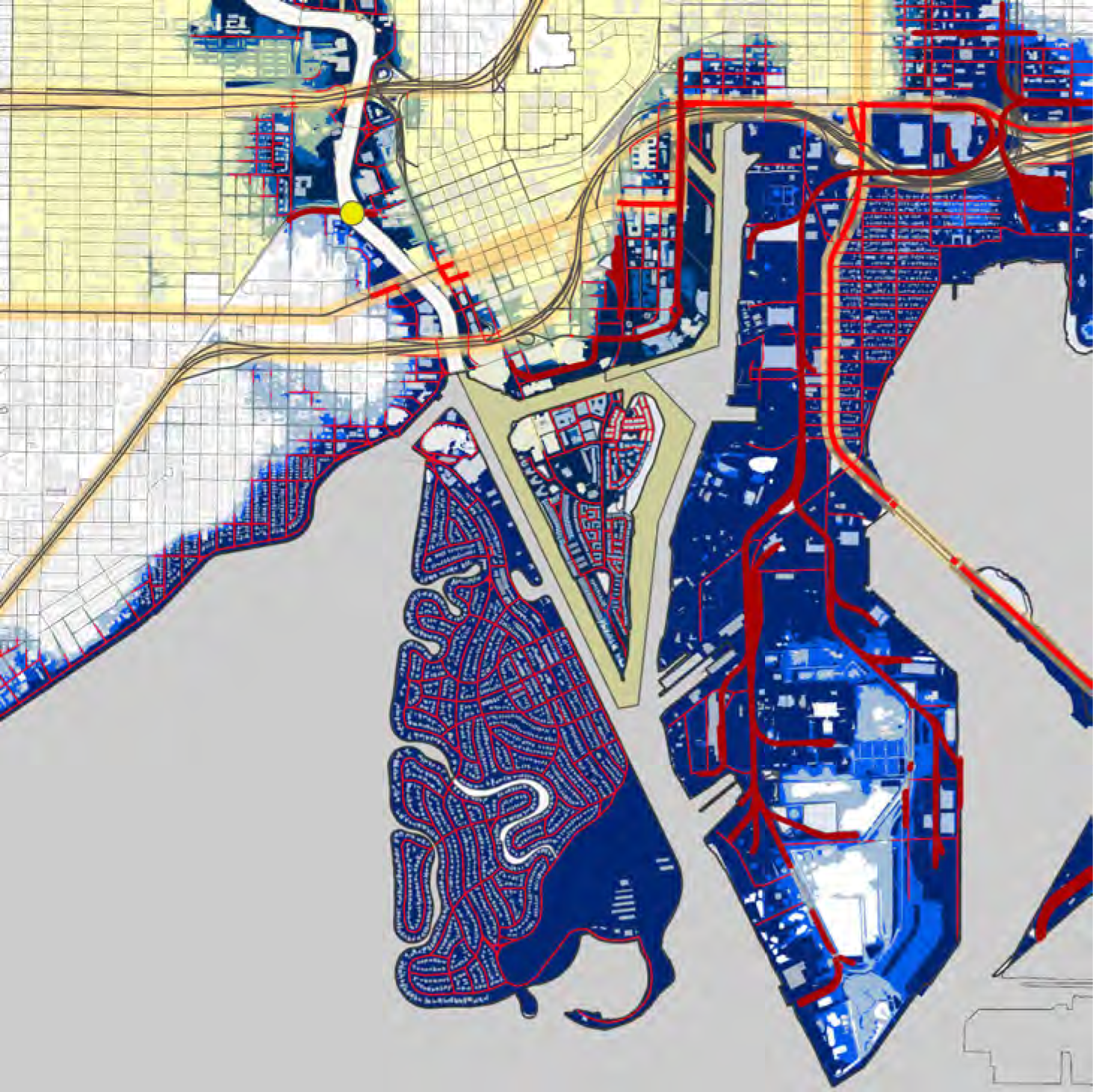 Map displaying urban areas in blue and red, with intricate road networks and land use patterns.