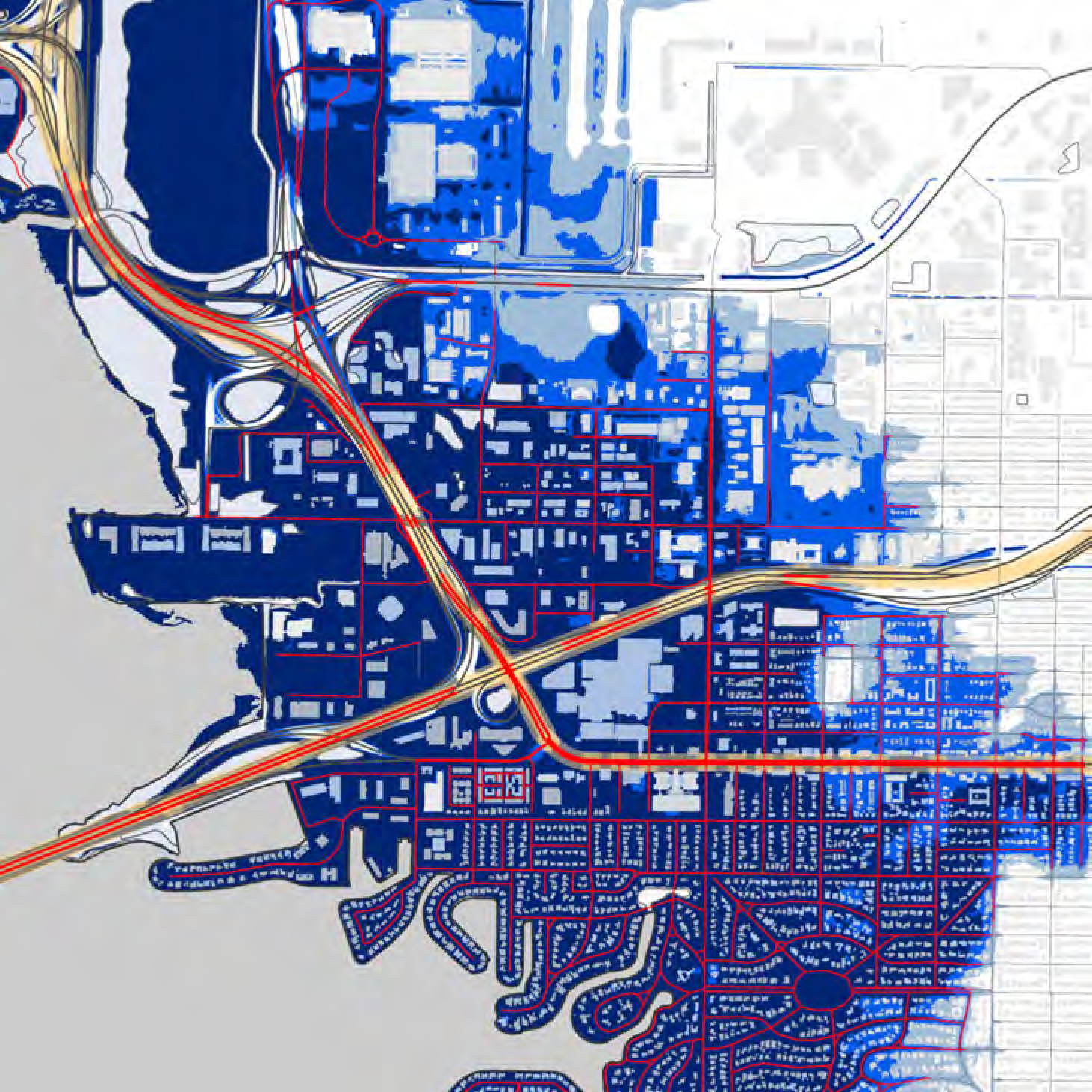 Map showing urban areas colored in blue, illustrating flood risk zones with highways and streets marked in red and black.