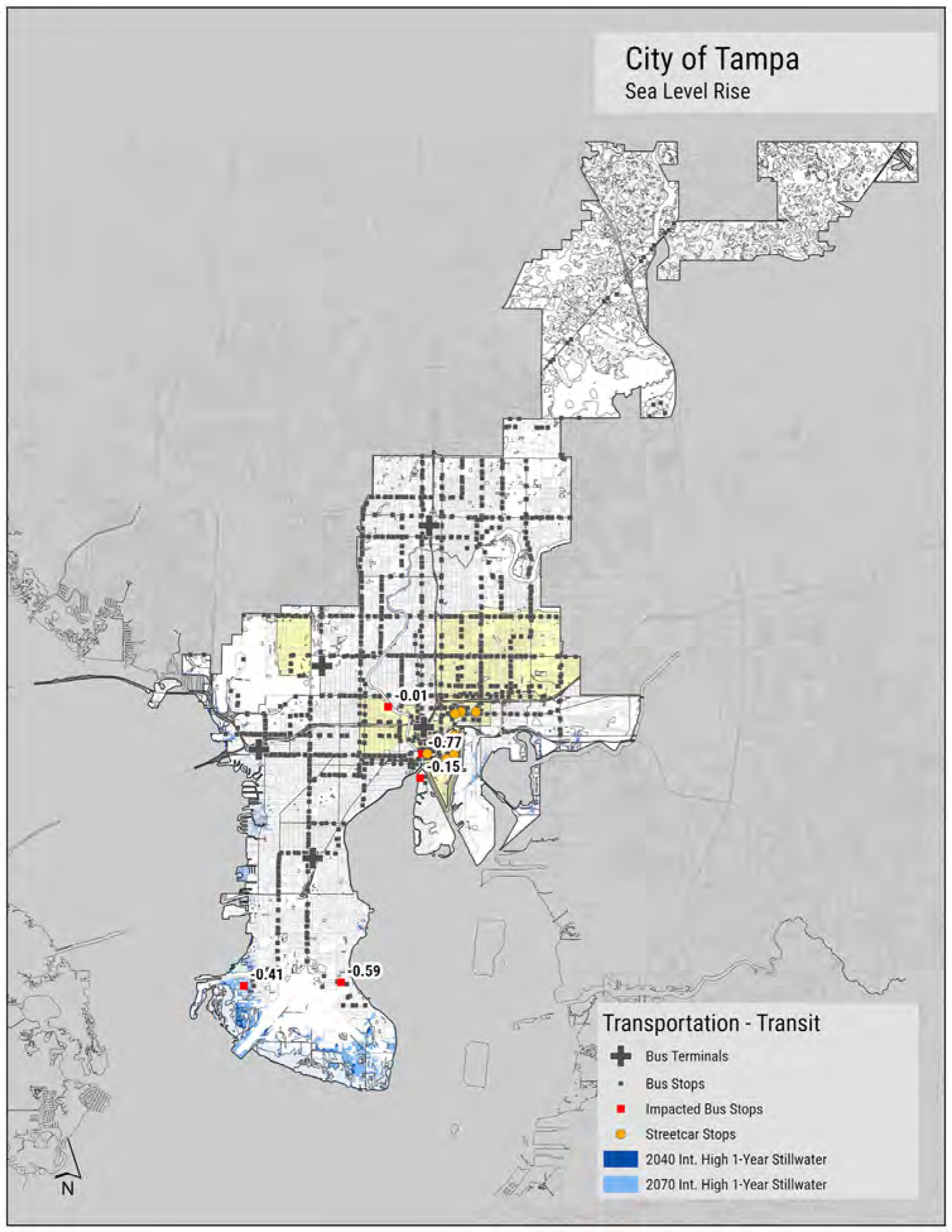 Map of Tampa showing bus and streetcar transit stops, with areas affected by sea level rise highlighted in different colors.
