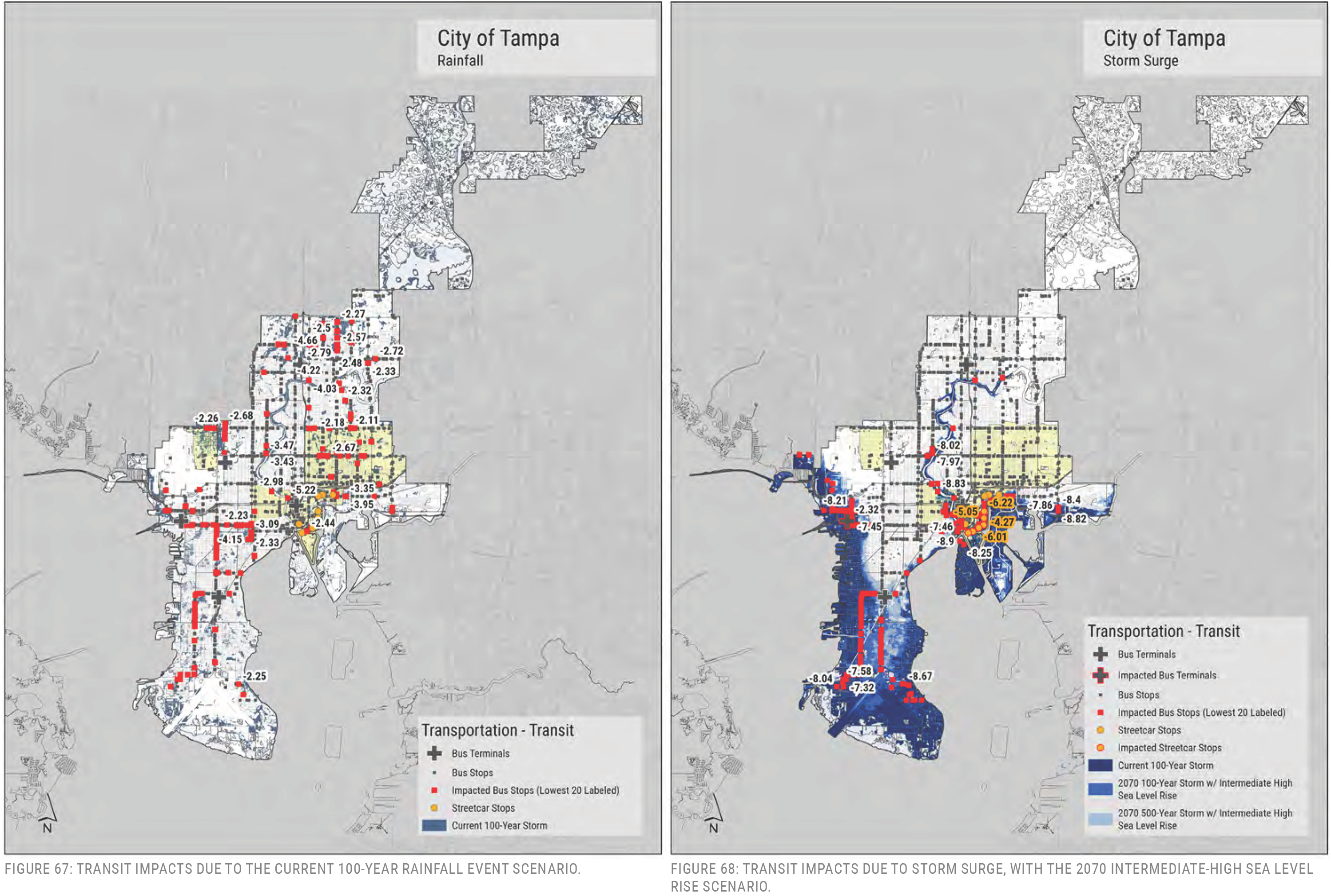 Maps showing transportation impacts in Tampa due to a 100-year rainfall event and projected storm surge scenarios.
