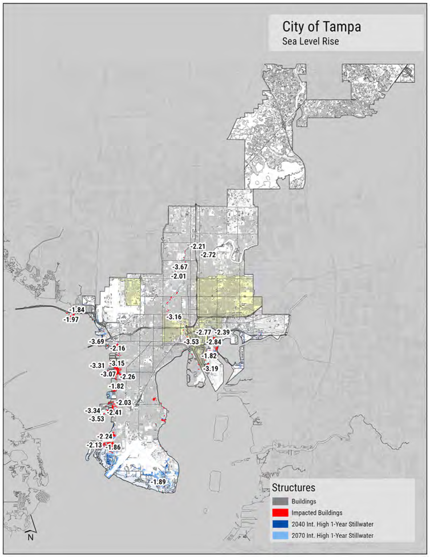 Map of Tampa highlighting sea level rise impacts and affected buildings, indicating projected stillwater levels for 2040 and 2070.