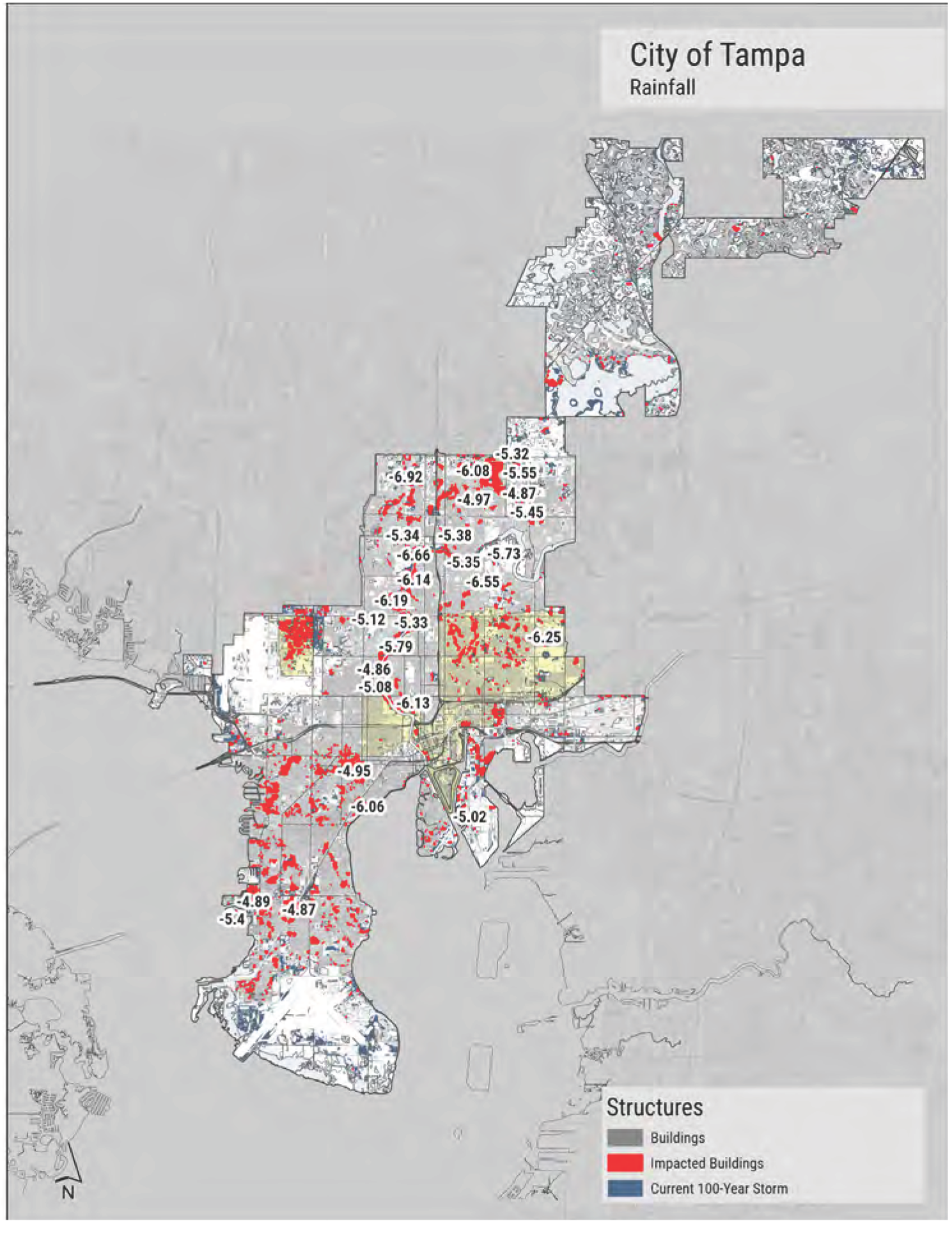 Map of Tampa showing rainfall distribution, impacted buildings, and current 100-year storm areas.