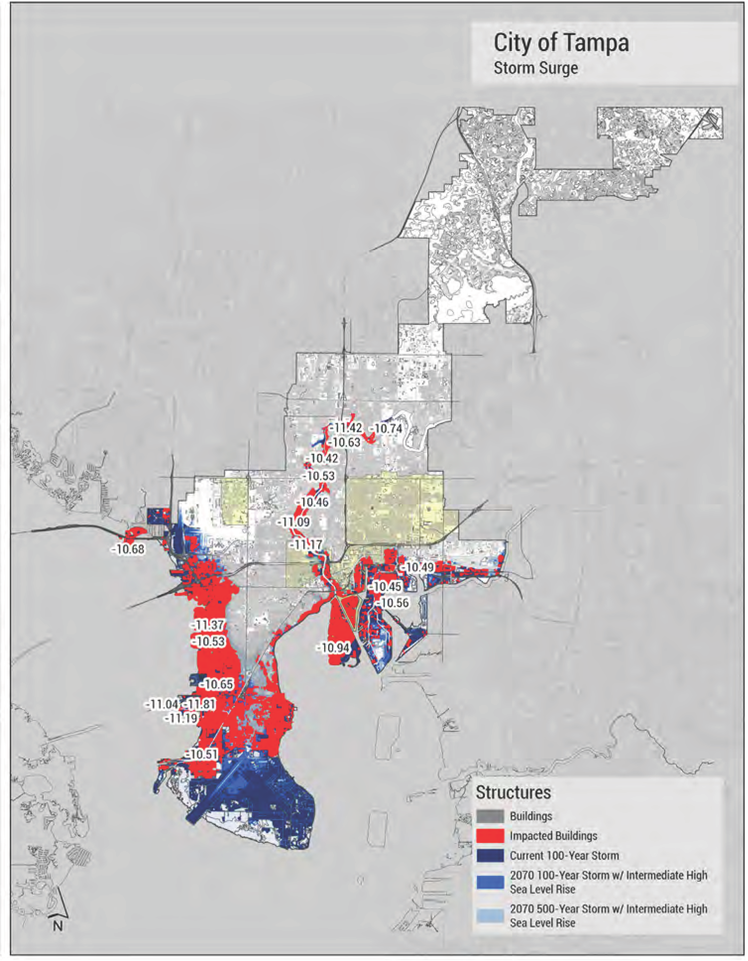 Map of Tampa showing storm surge risk areas, including impacted buildings, current 100-year storm levels, and projected sea level rise.