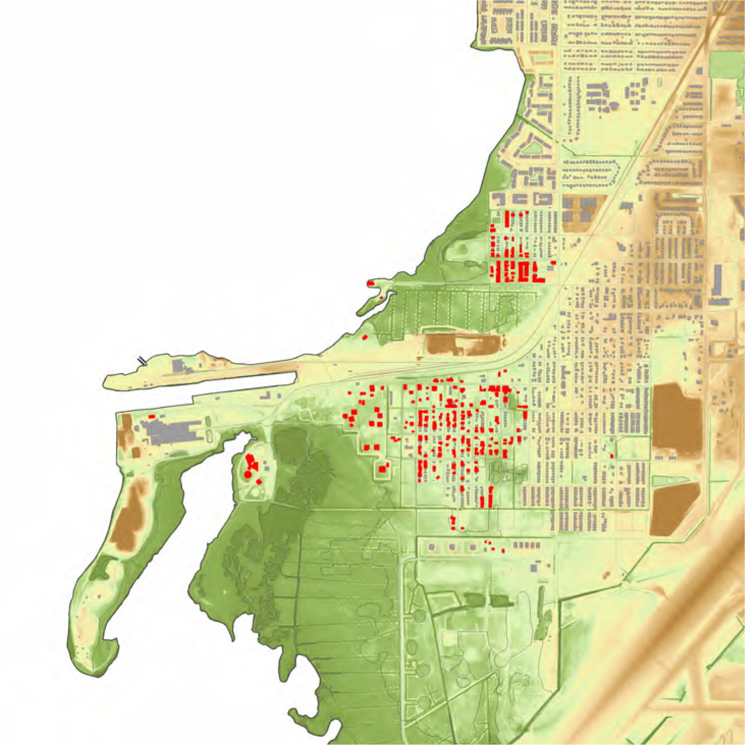 A topographic map showing a landscape with elevation changes, marked by red dots indicating specific locations.